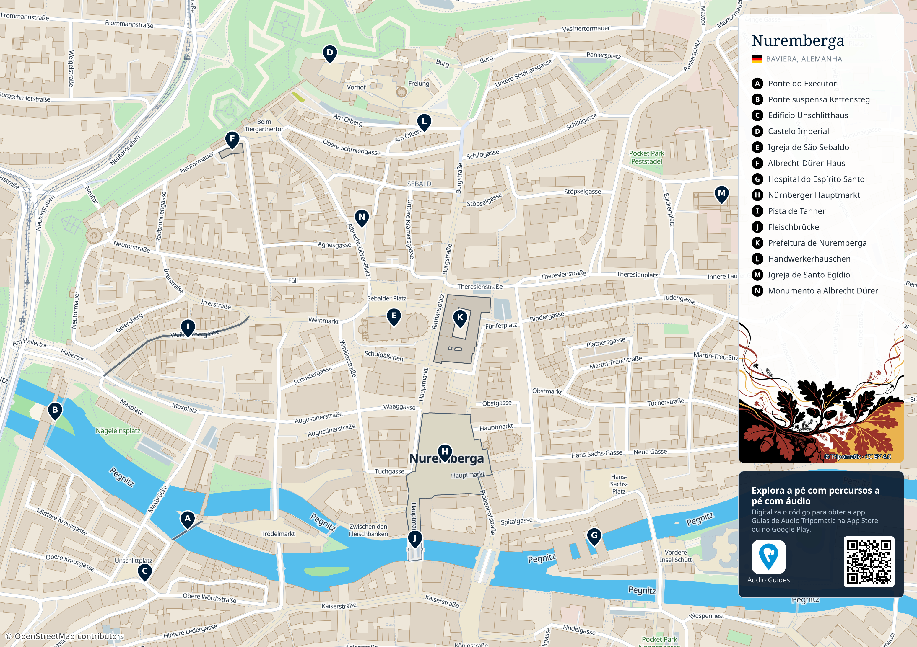 Nuremberga – mapa turístico para imprimir com as principais atrações numeradas