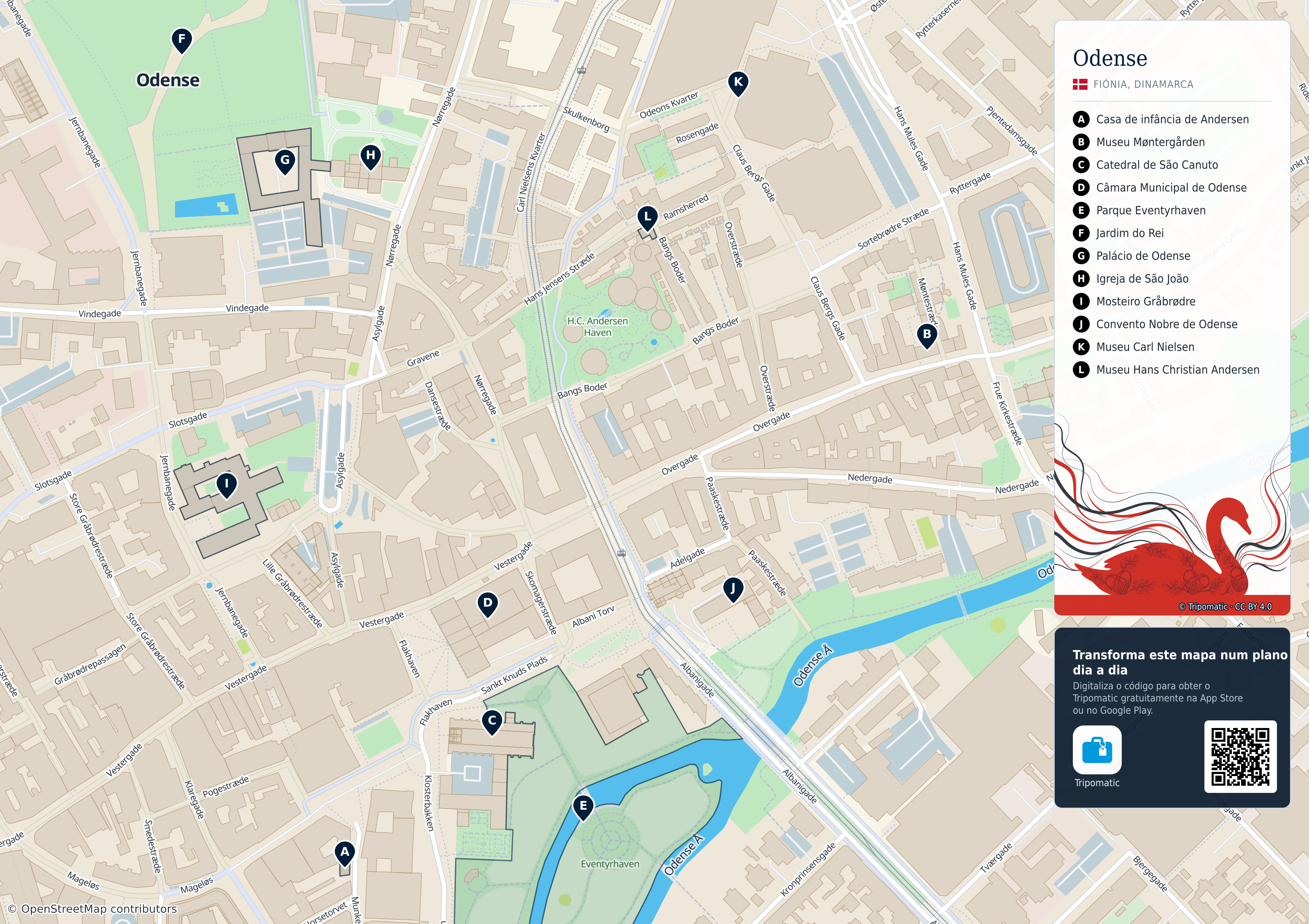 Odense – mapa turístico para imprimir com as principais atrações numeradas