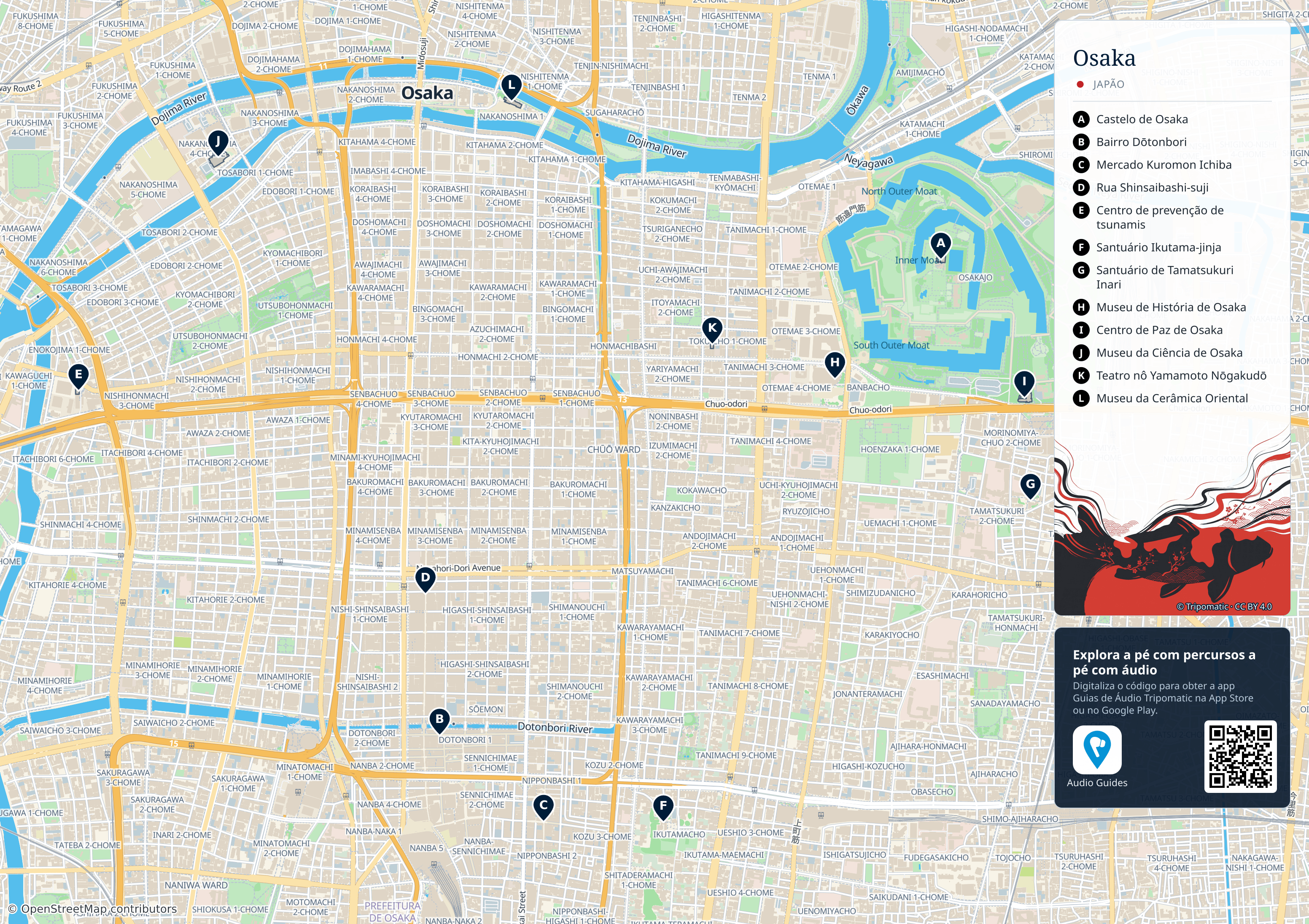 Osaka – mapa turístico para imprimir com as principais atrações numeradas