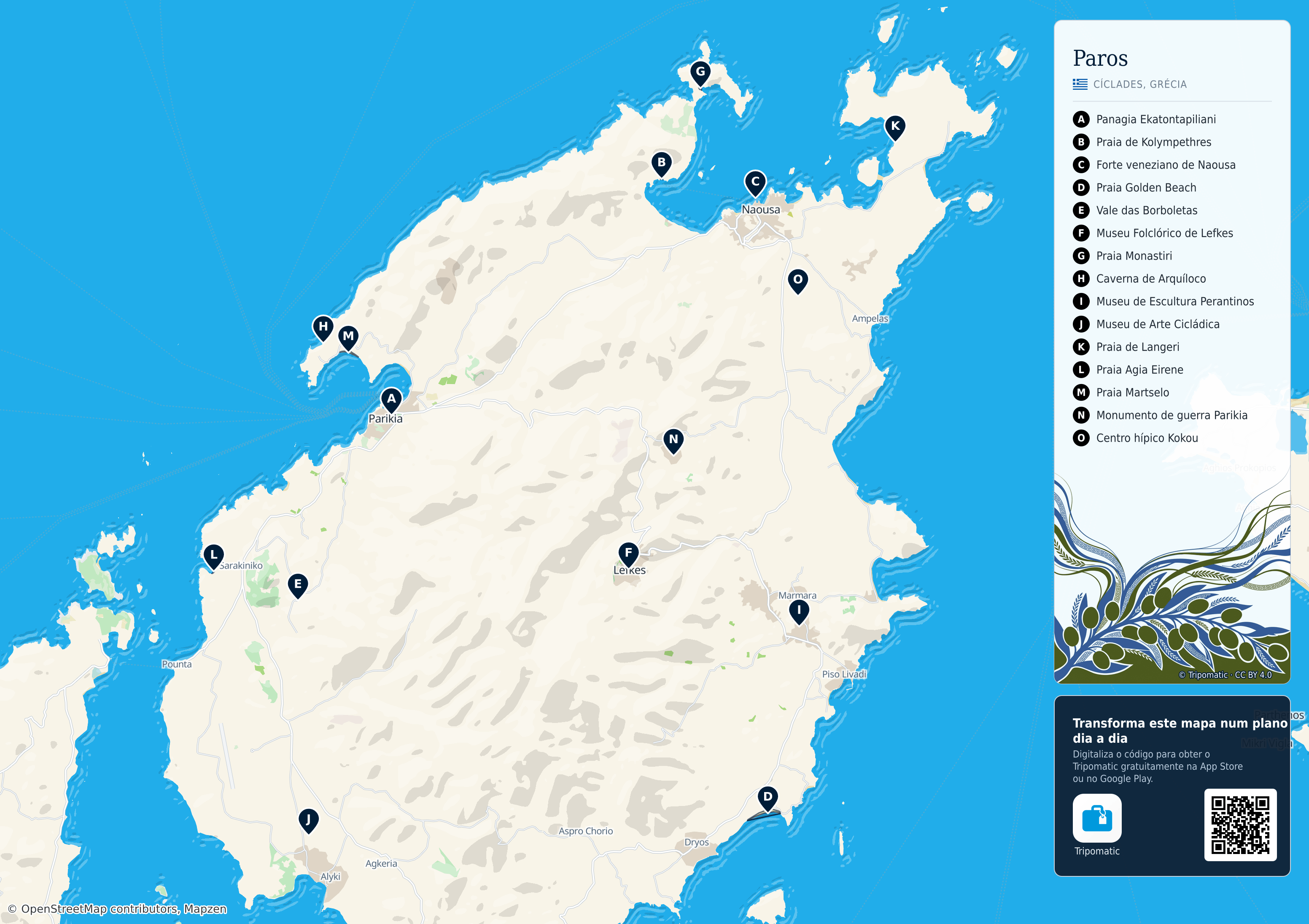 Paros – mapa turístico para imprimir com as principais atrações numeradas