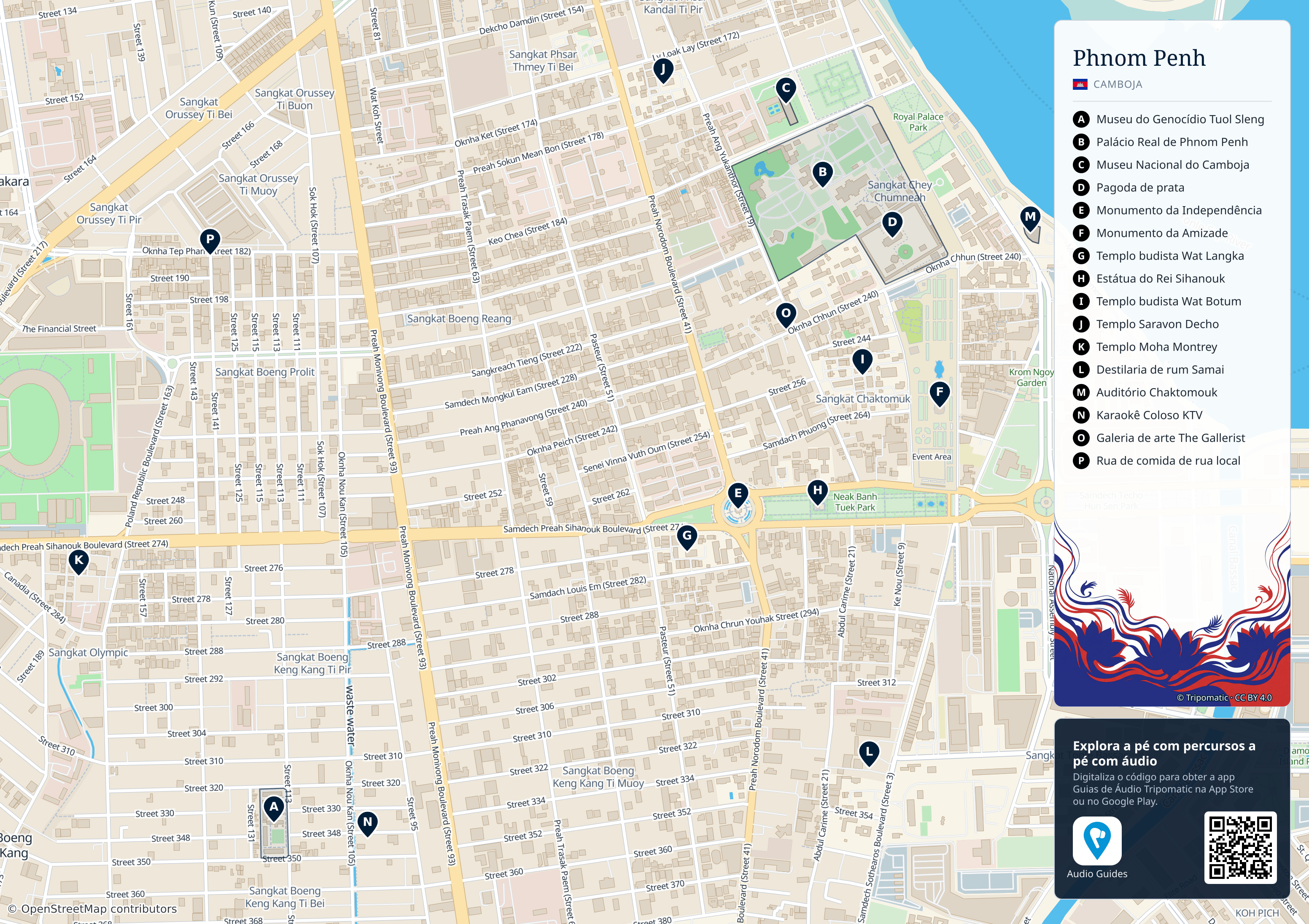 Phnom Penh – mapa turístico para imprimir com as principais atrações numeradas