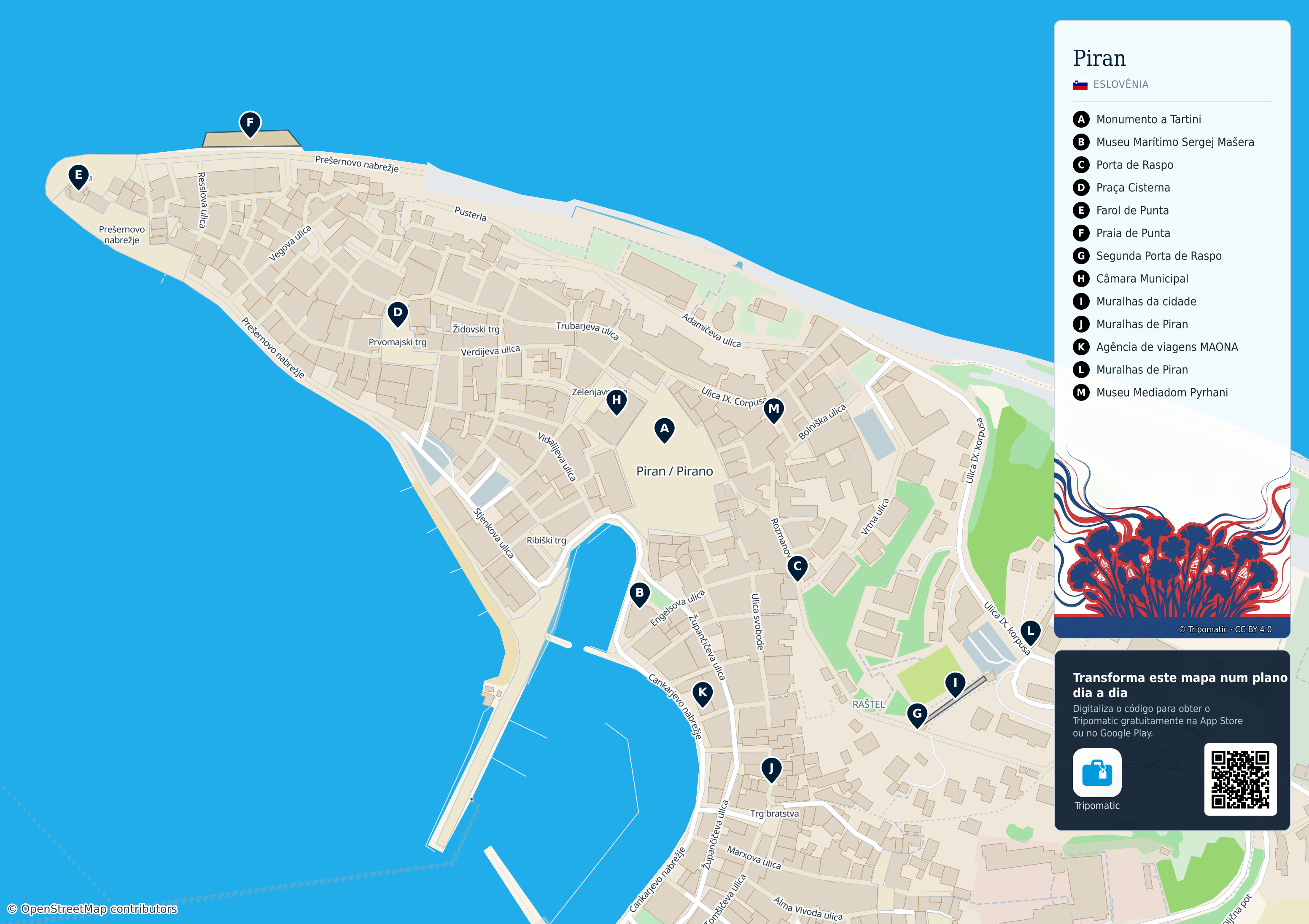 Piran – mapa turístico para imprimir com as principais atrações numeradas