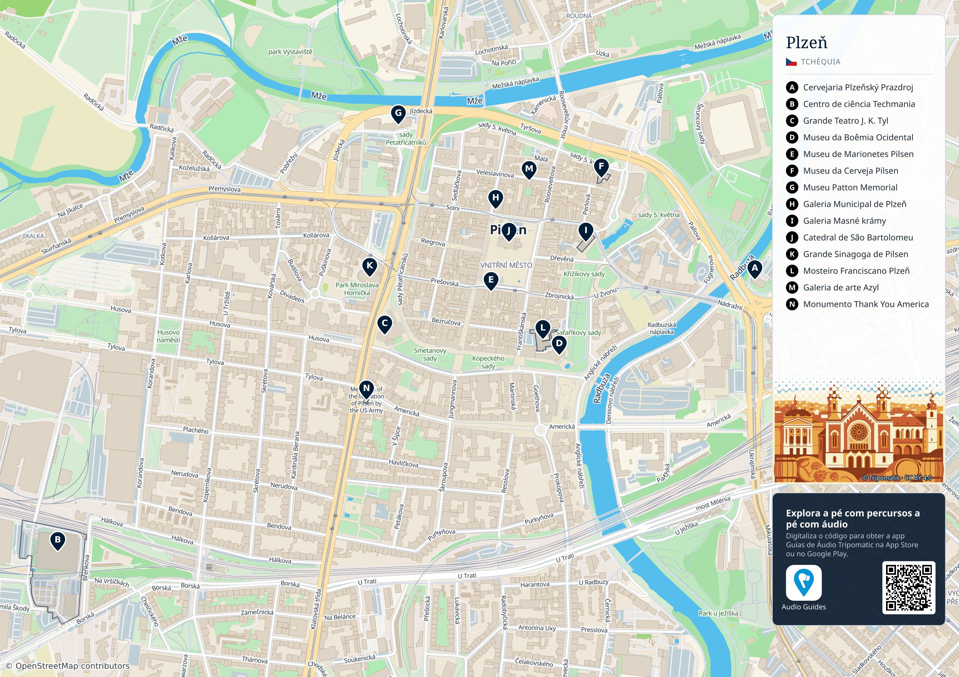Plzeň – mapa turístico para imprimir com as principais atrações numeradas