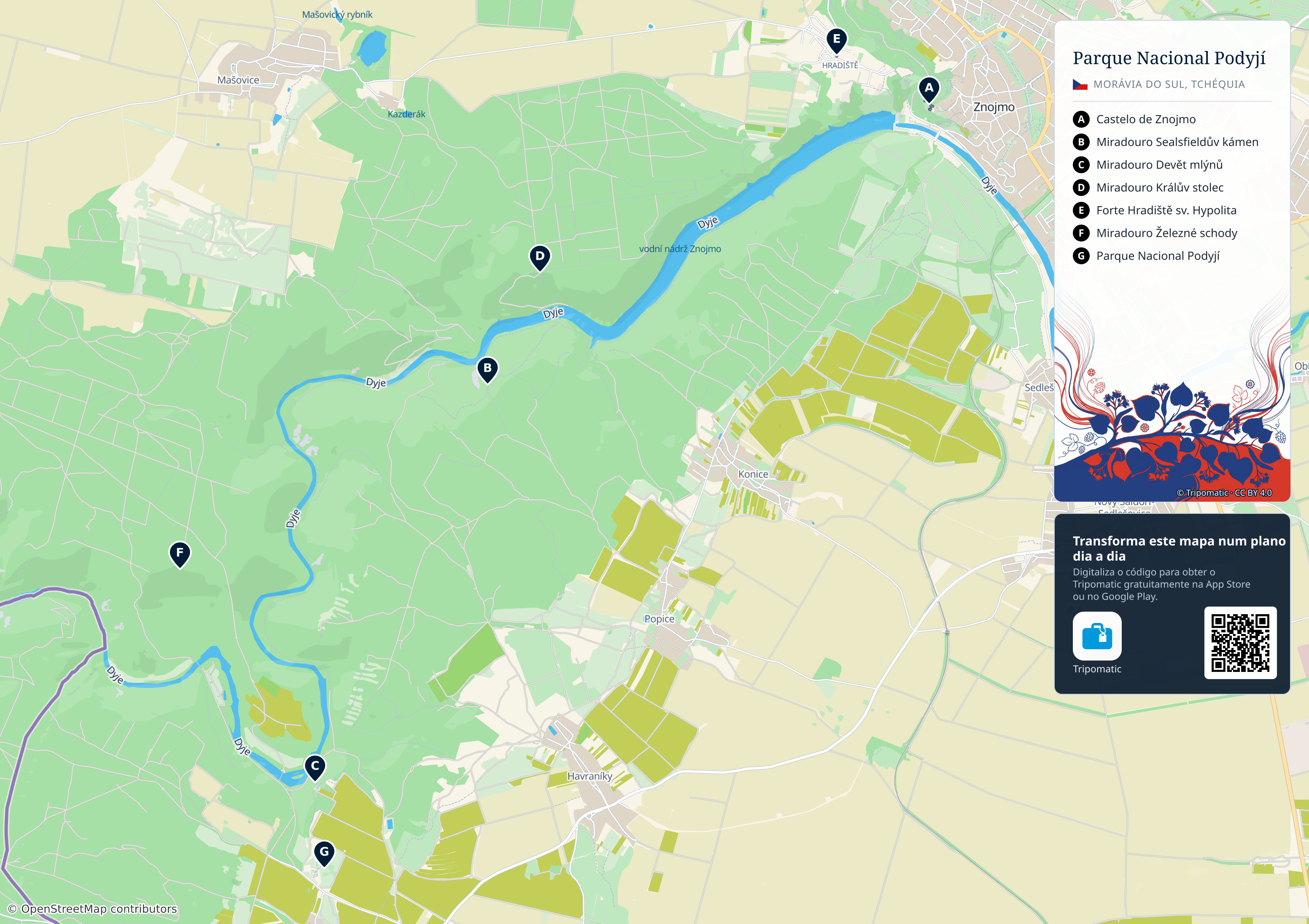 Parque Nacional Podyjí – mapa turístico para imprimir com as principais atrações numeradas