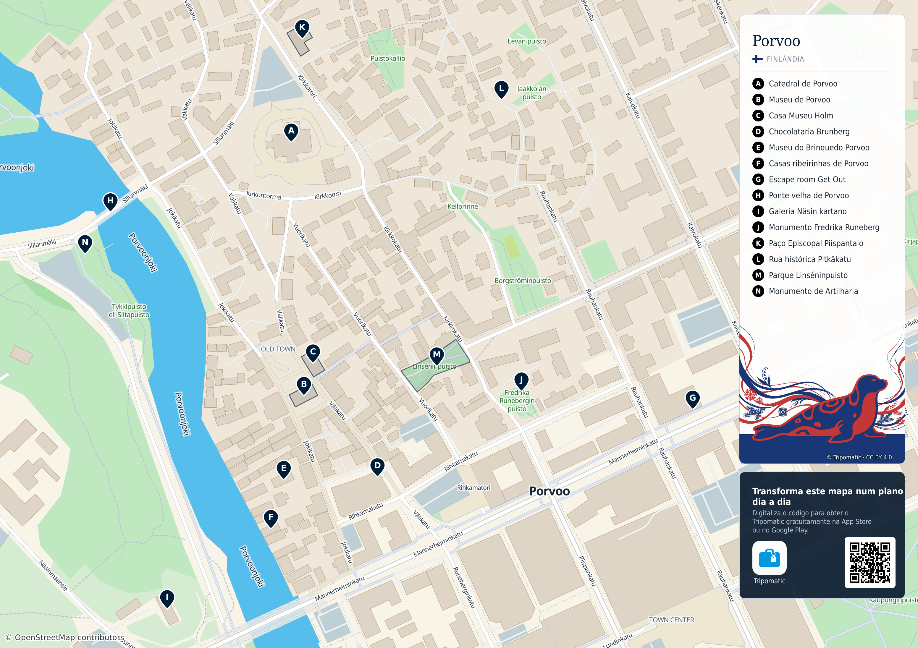 Porvoo – mapa turístico para imprimir com as principais atrações numeradas