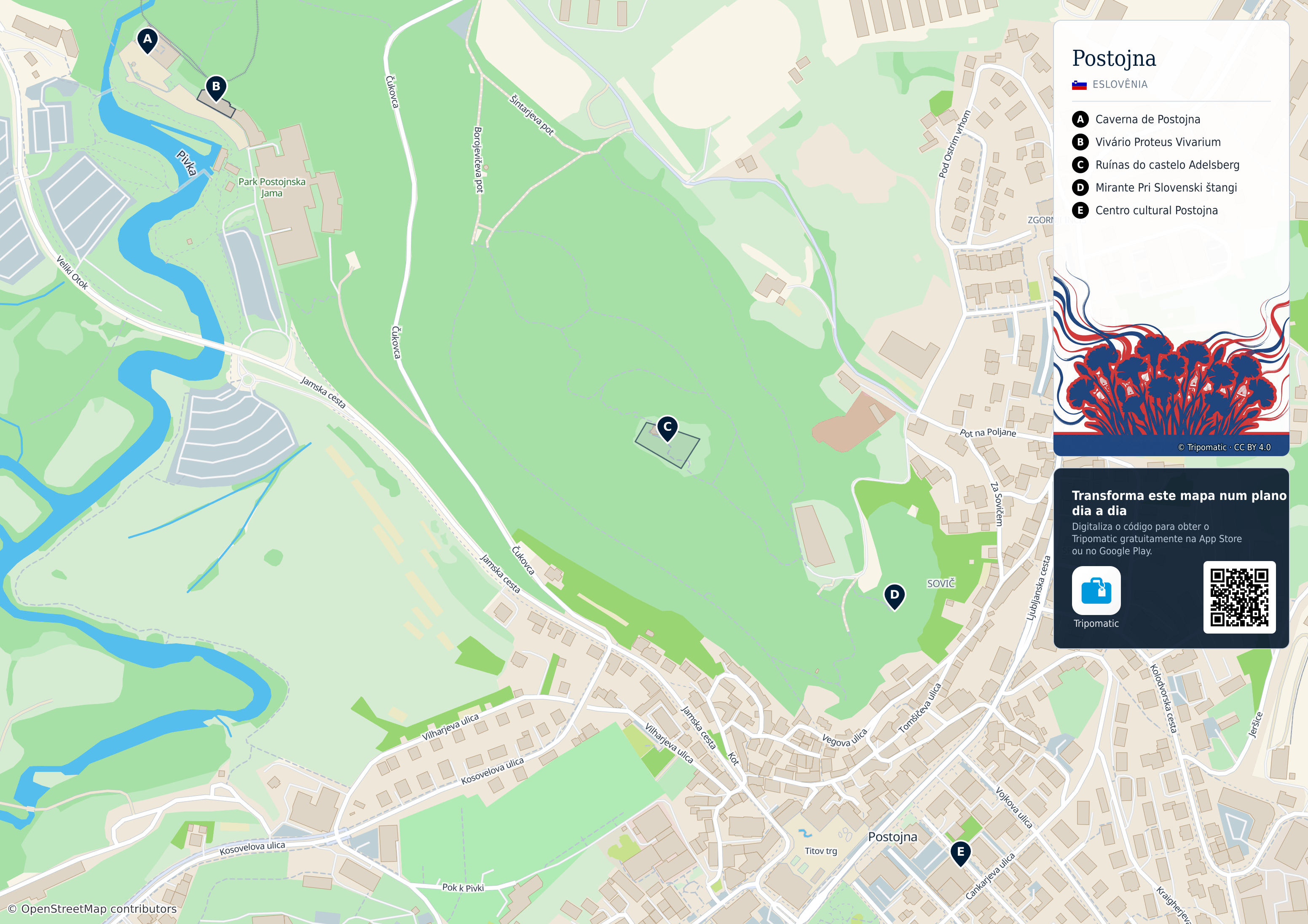 Postojna – mapa turístico para imprimir com as principais atrações numeradas