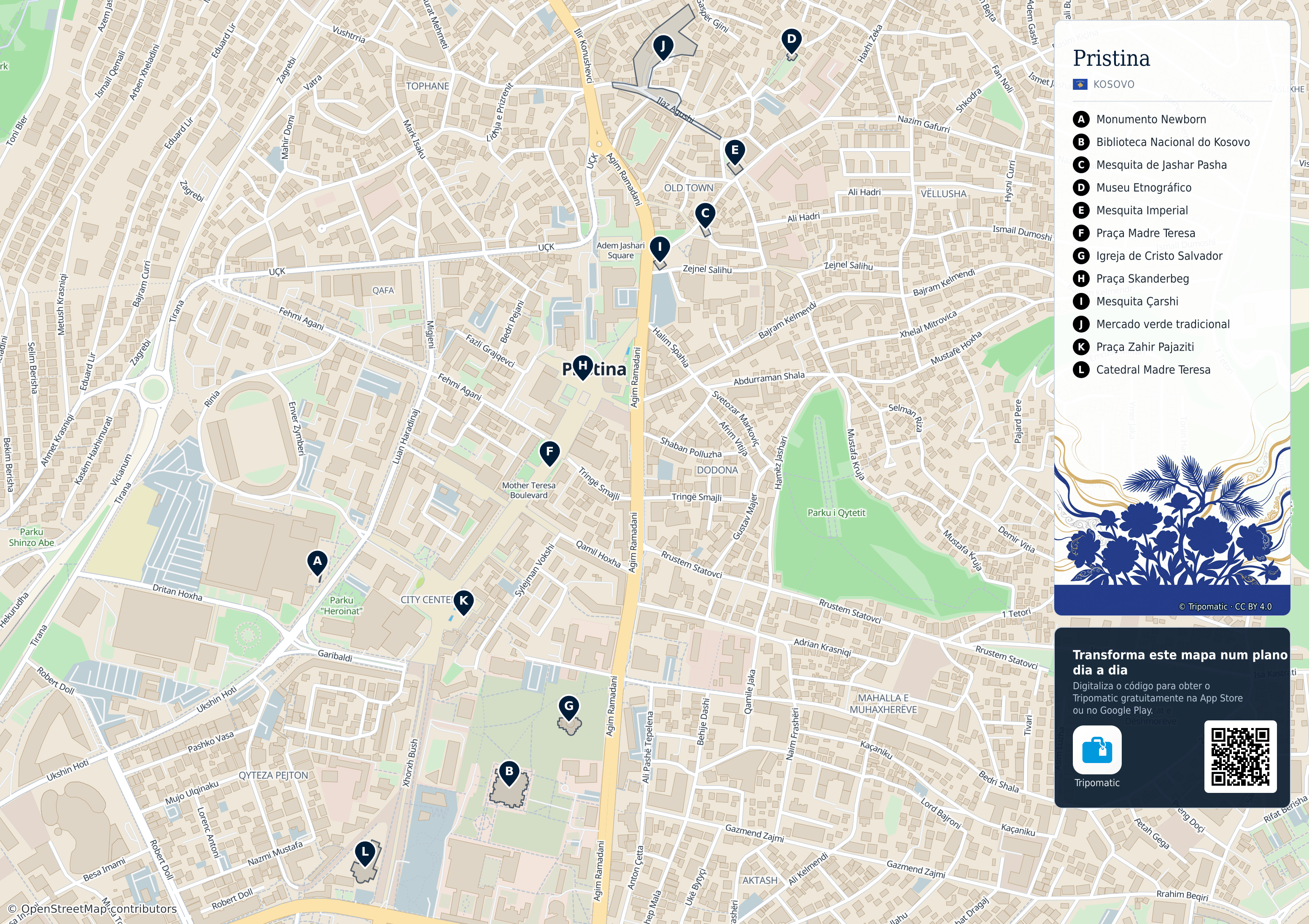 Pristina – mapa turístico para imprimir com as principais atrações numeradas