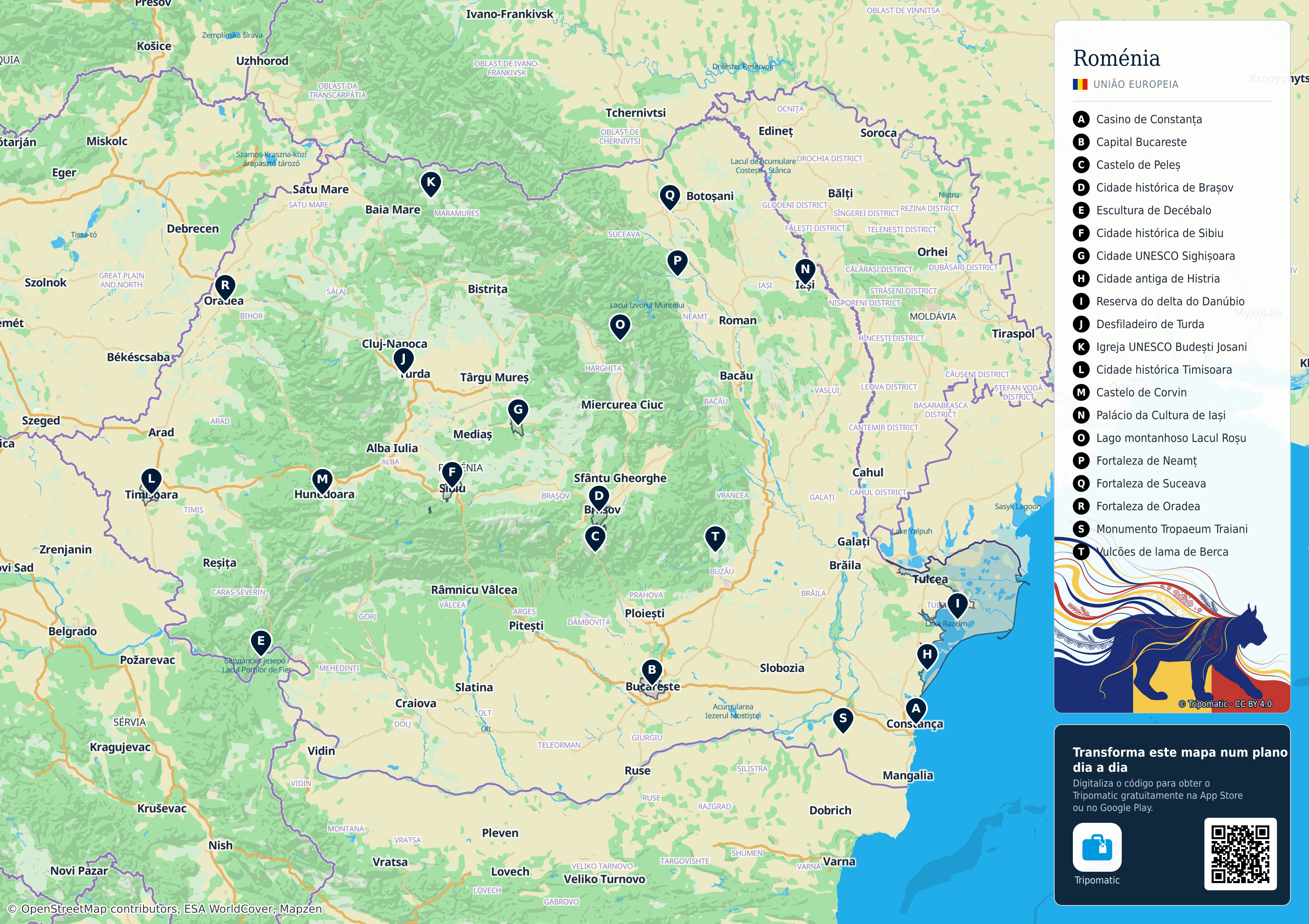 Roménia – mapa turístico para imprimir com as principais atrações numeradas
