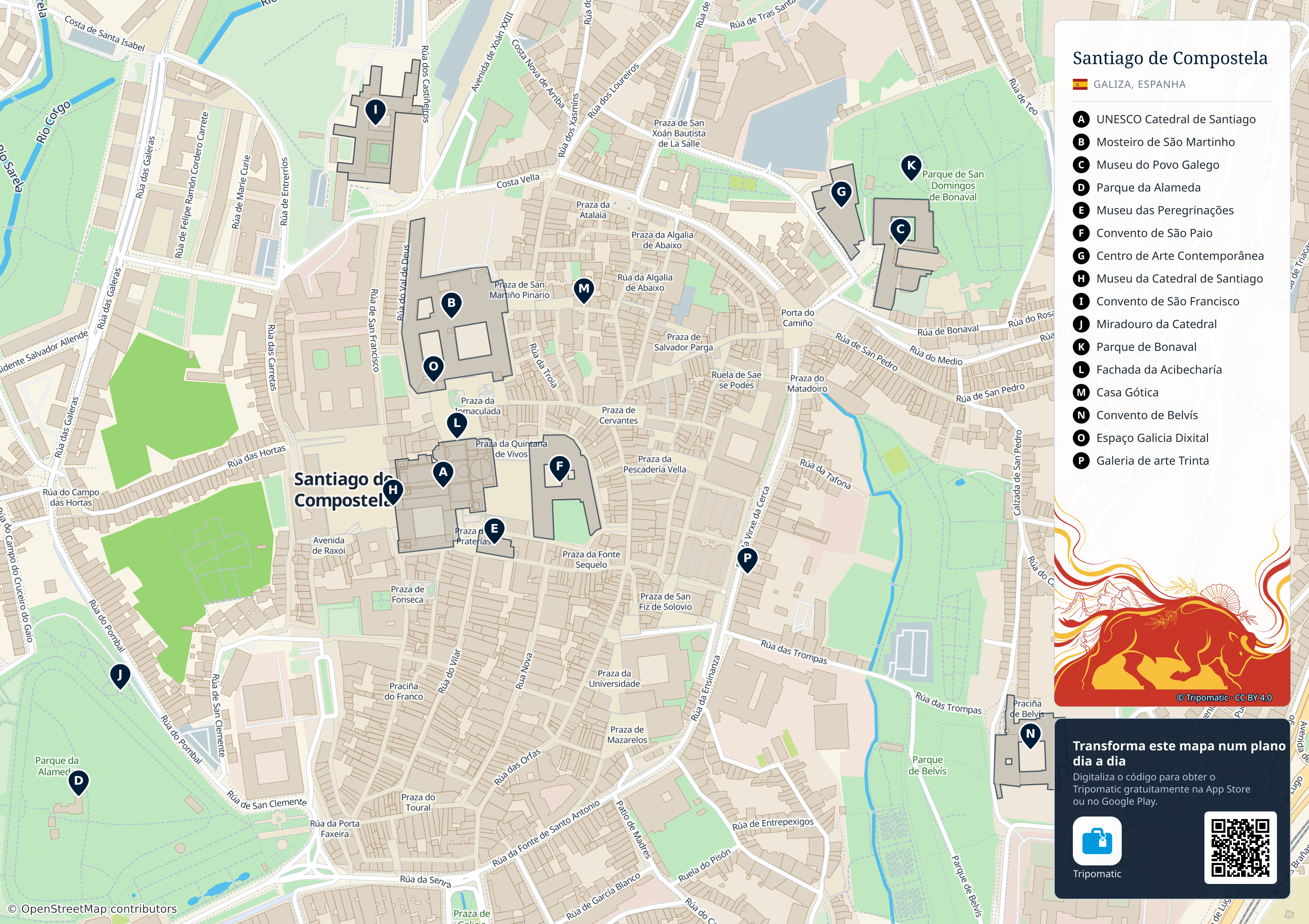Santiago de Compostela – mapa turístico para imprimir com as principais atrações numeradas