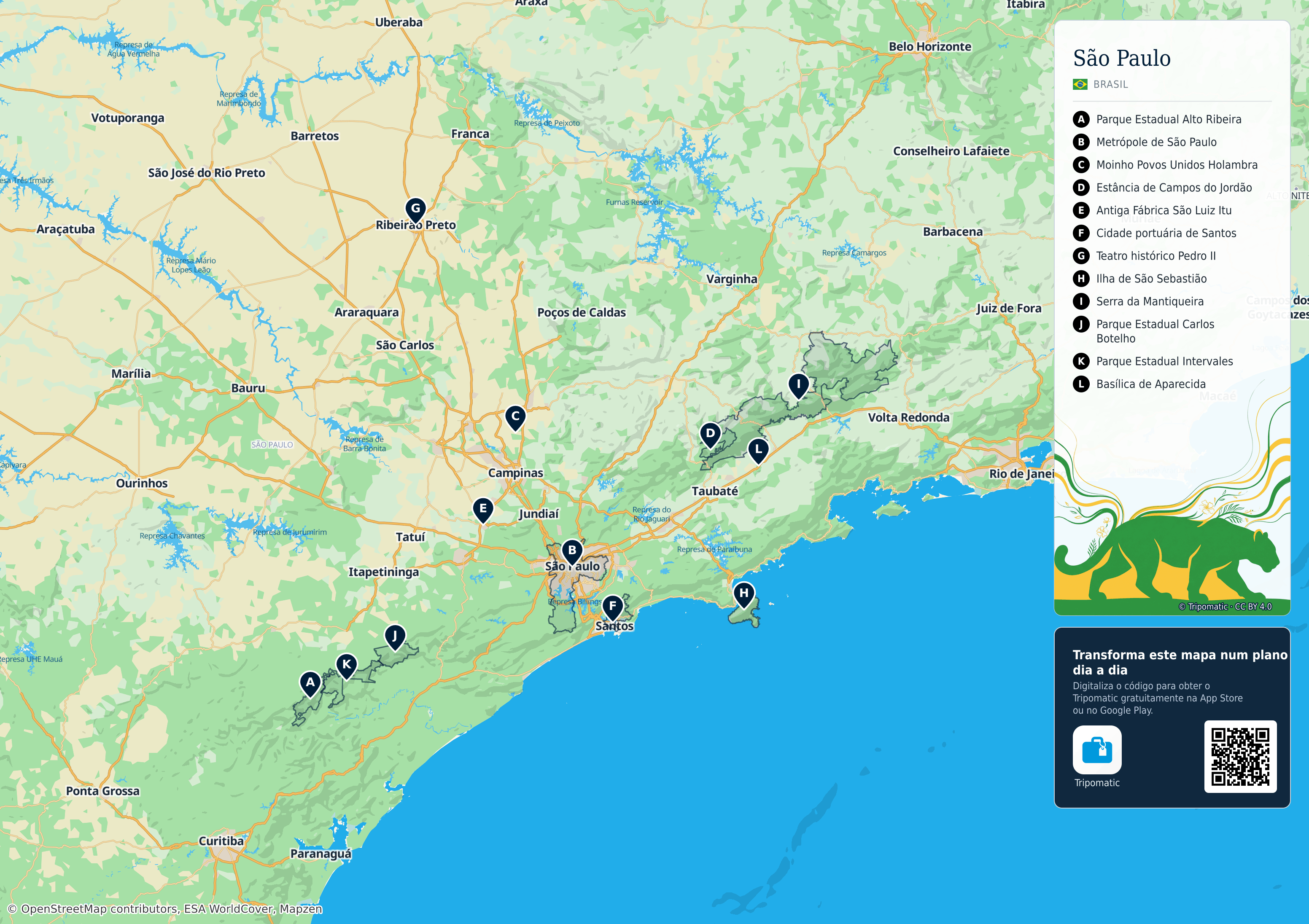 São Paulo – mapa turístico para imprimir com as principais atrações numeradas