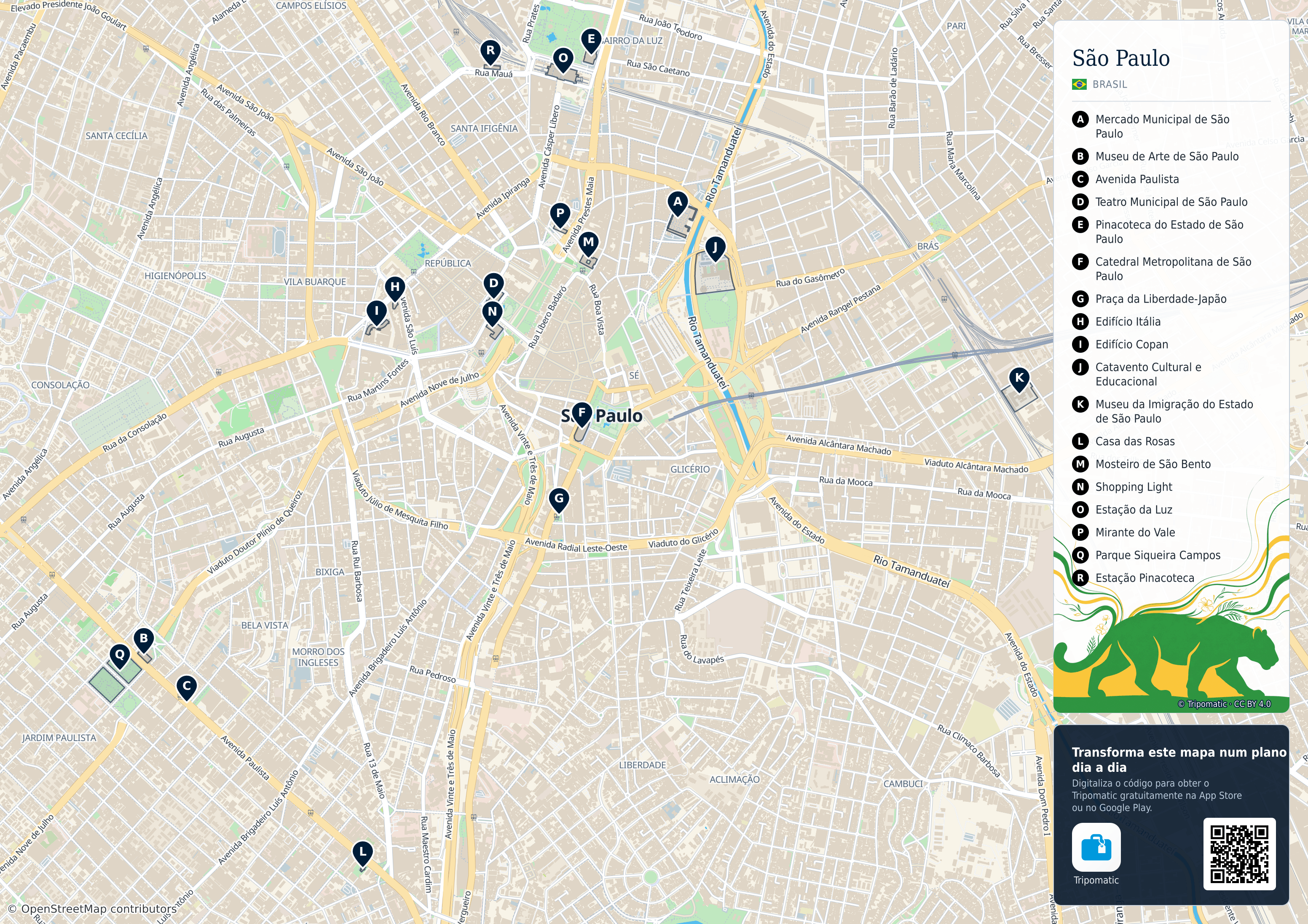 São Paulo – mapa turístico para imprimir com as principais atrações numeradas