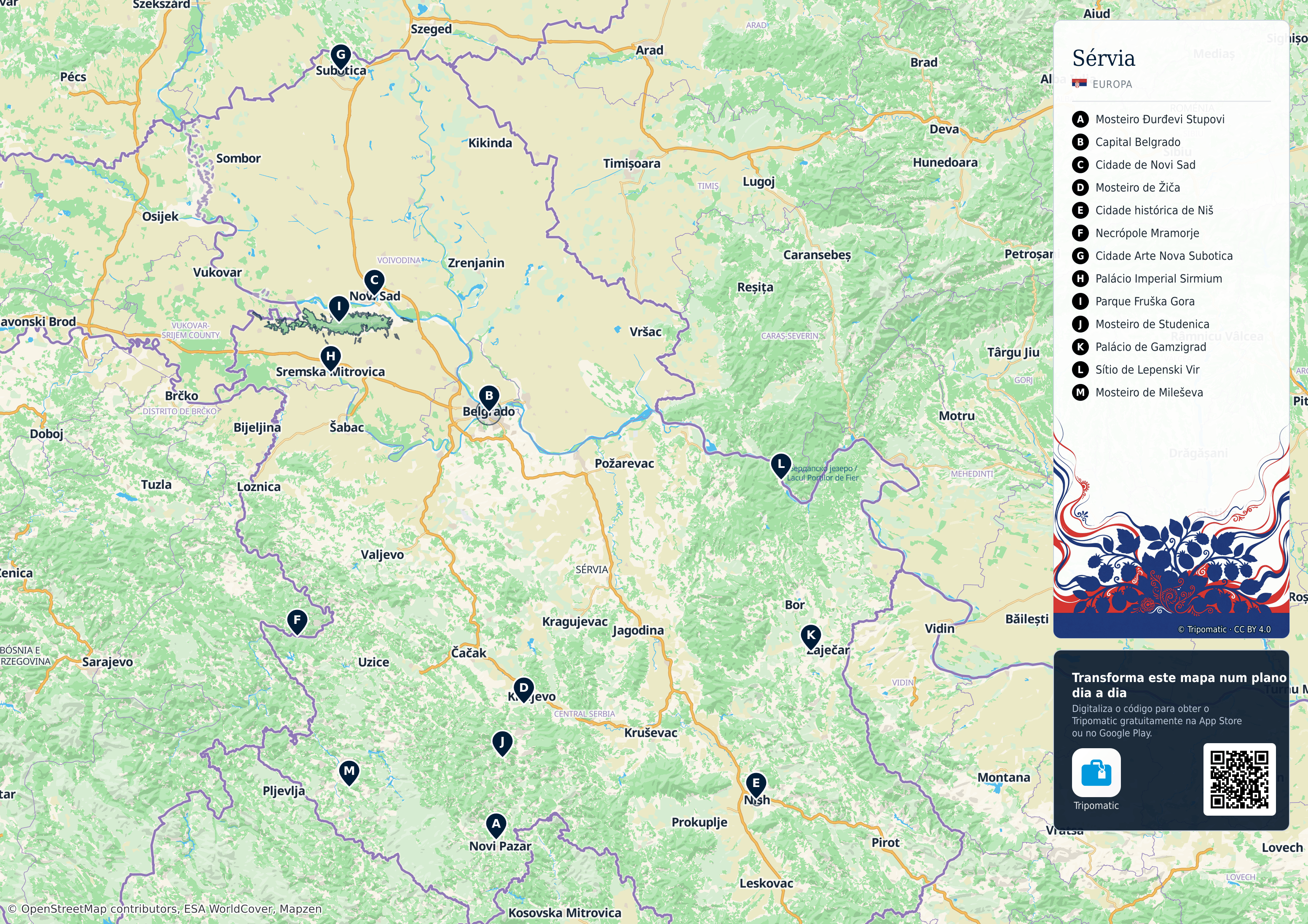 Sérvia – mapa turístico para imprimir com as principais atrações numeradas
