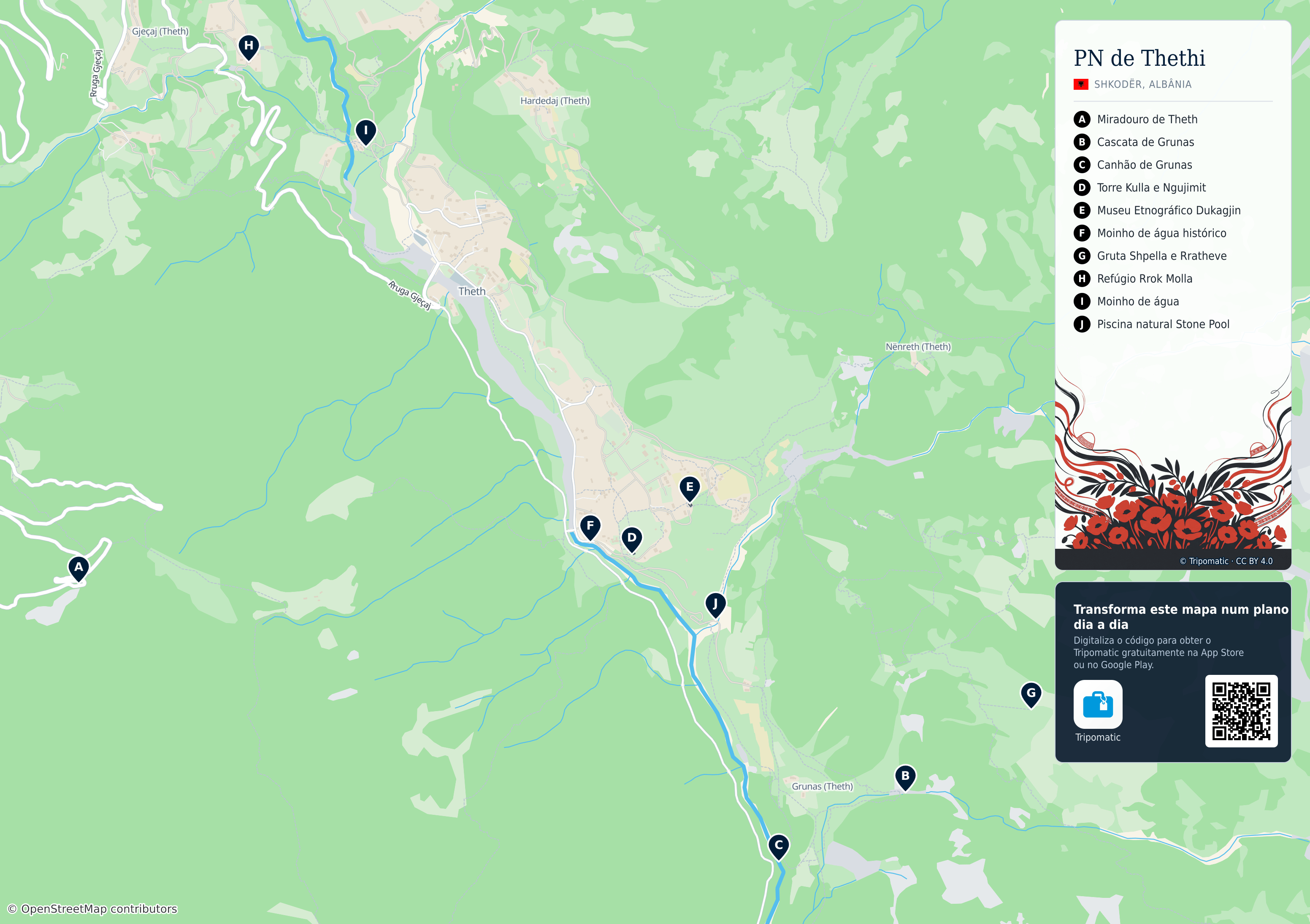Parque Nacional de Thethi – mapa turístico para imprimir com as principais atrações numeradas