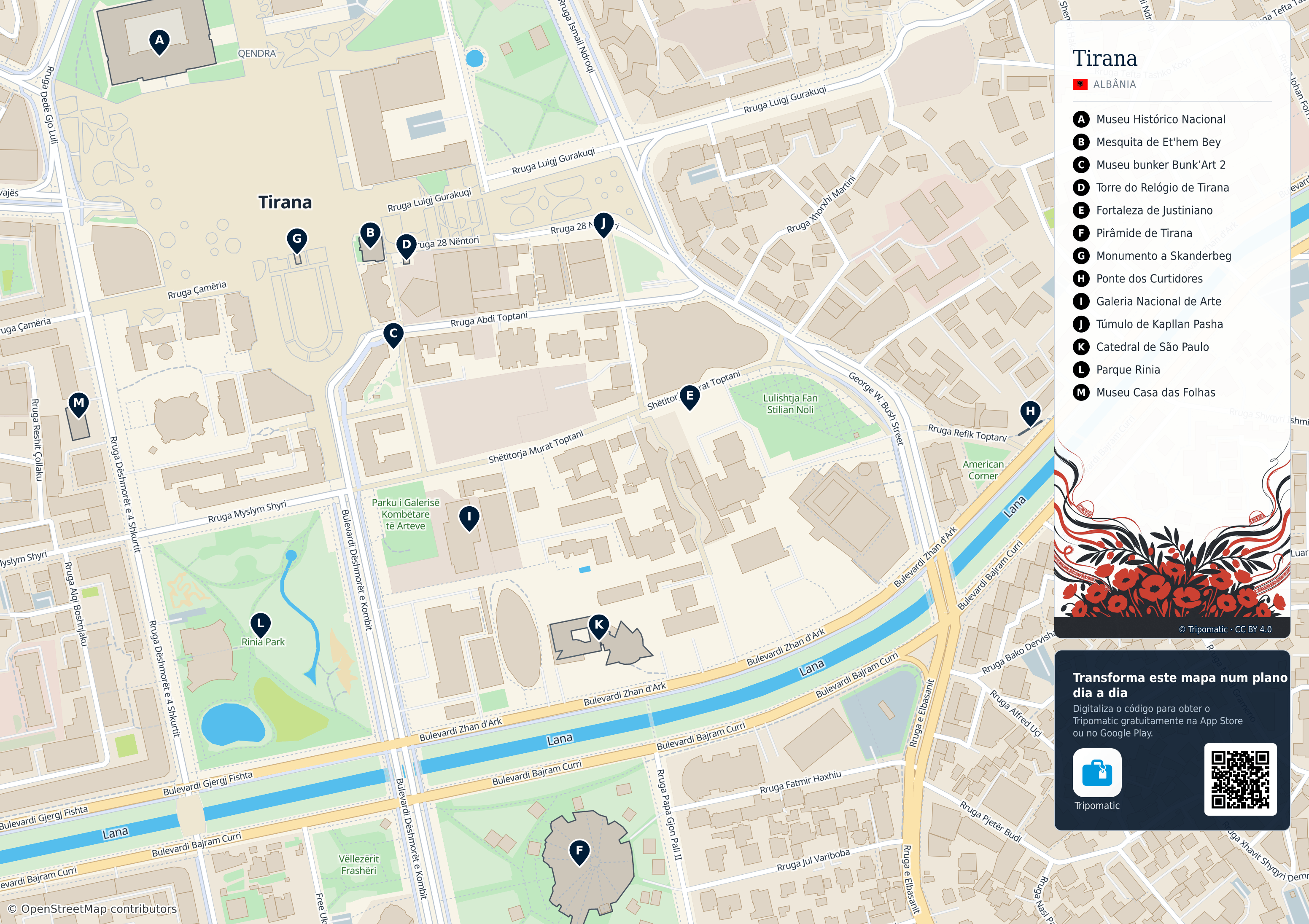 Tirana – mapa turístico para imprimir com as principais atrações numeradas