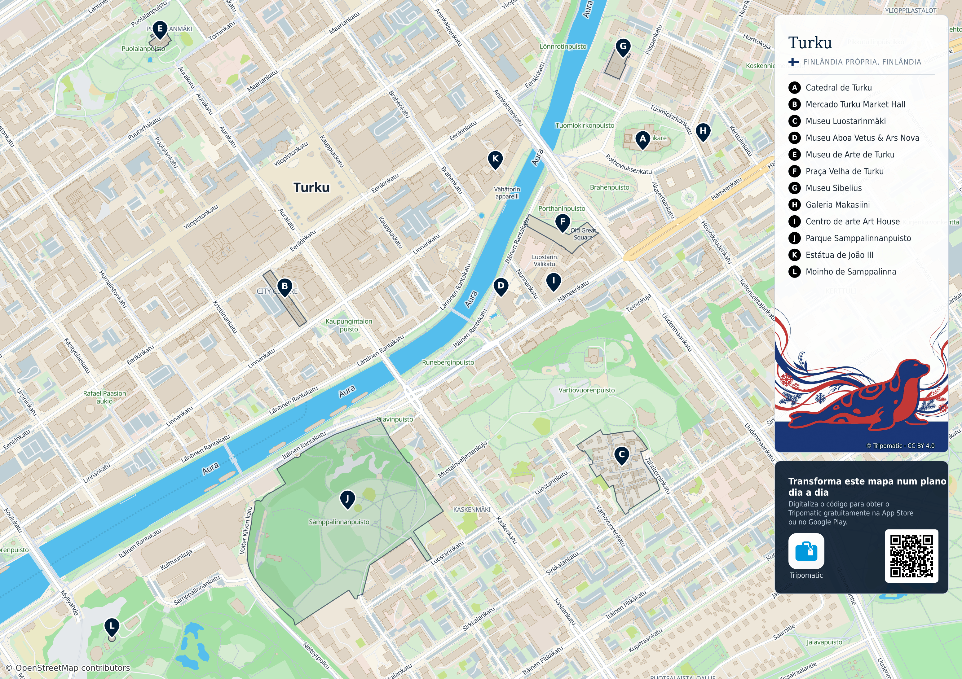 Turku – mapa turístico para imprimir com as principais atrações numeradas