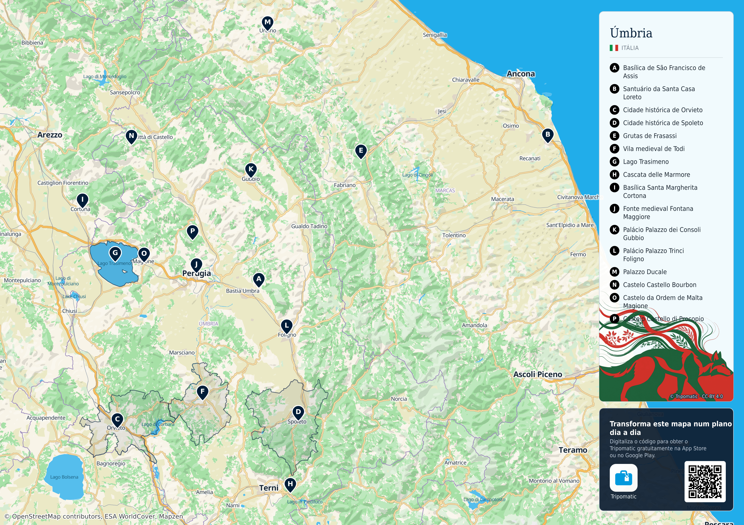 Úmbria – mapa turístico para imprimir com as principais atrações numeradas