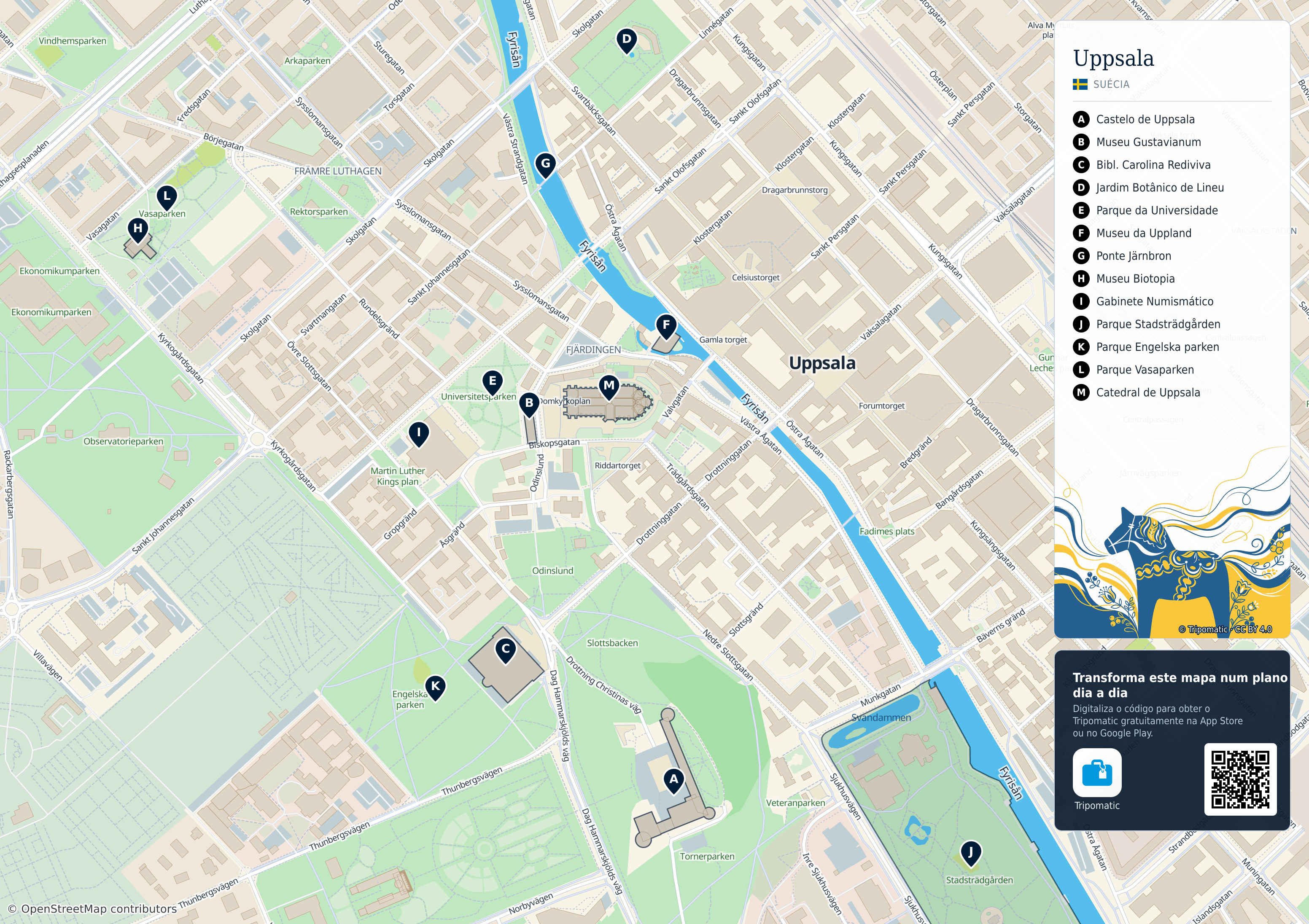 Uppsala – mapa turístico para imprimir com as principais atrações numeradas