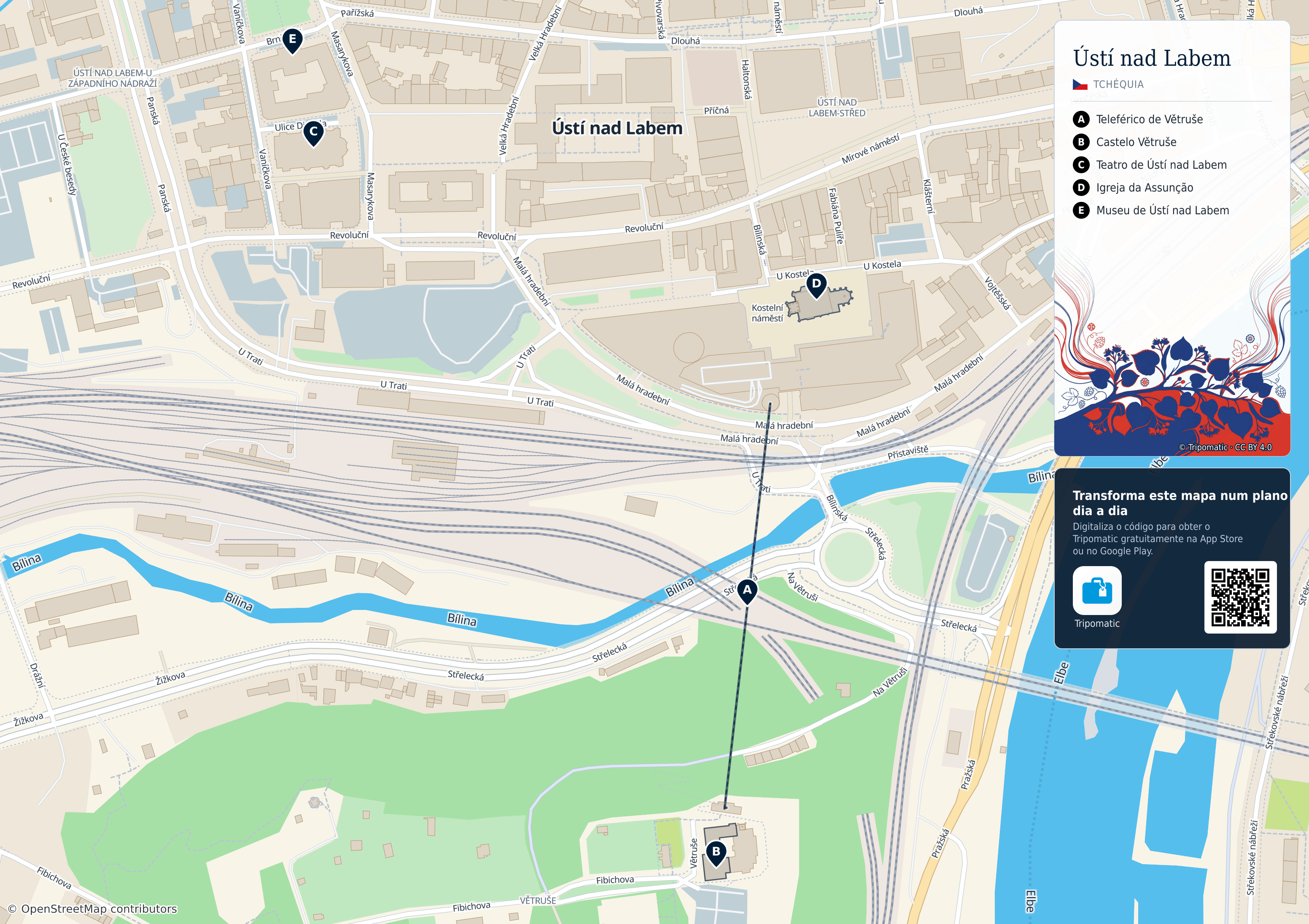 Ústí nad Labem – mapa turístico para imprimir com as principais atrações numeradas
