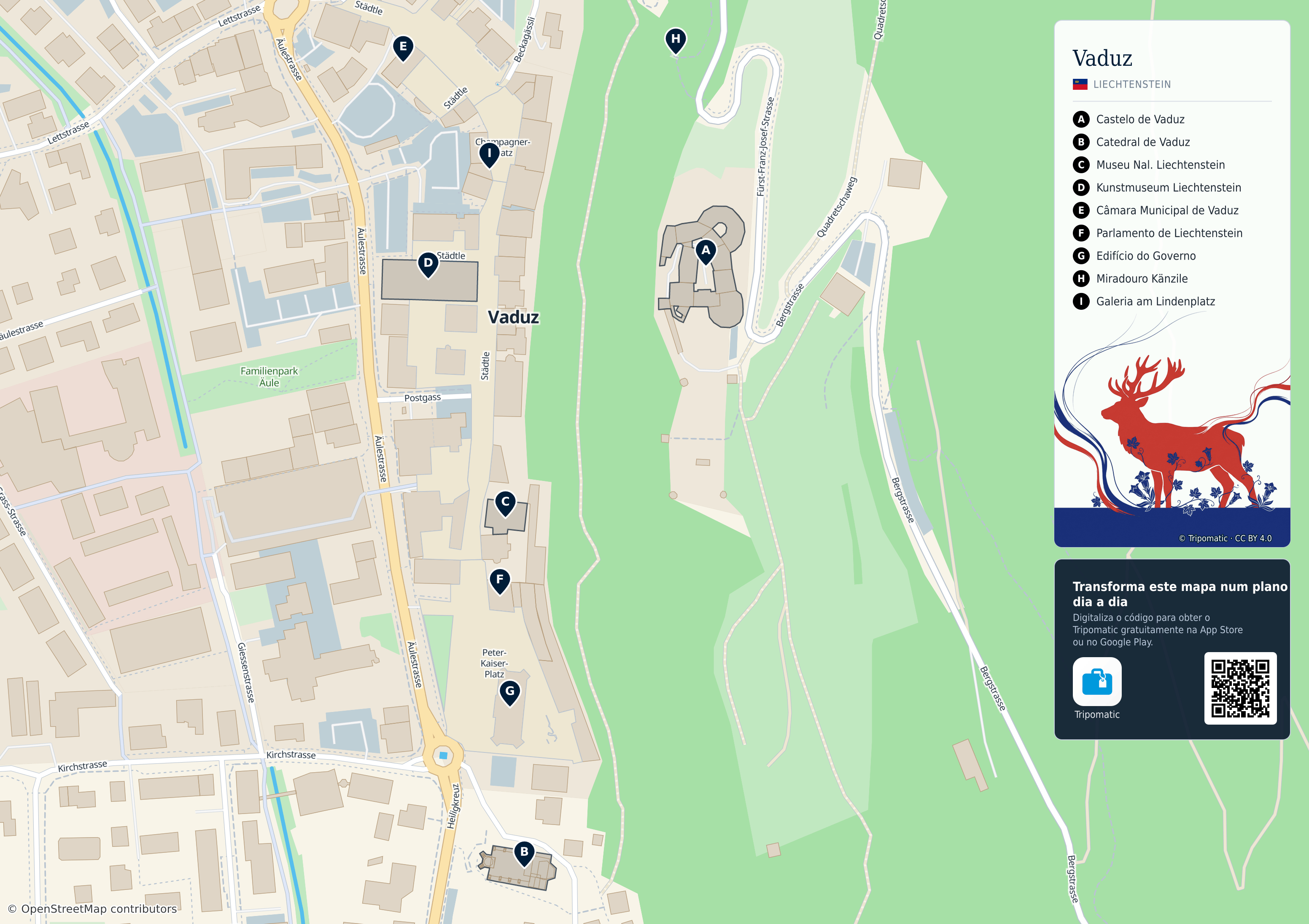 Vaduz – mapa turístico para imprimir com as principais atrações numeradas