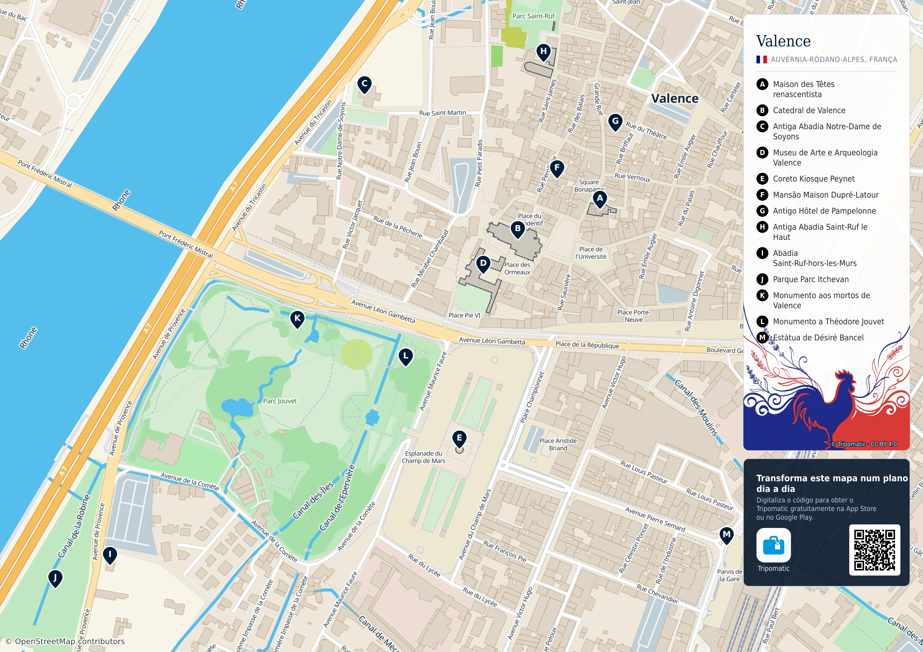 Valence – mapa turístico para imprimir com as principais atrações numeradas