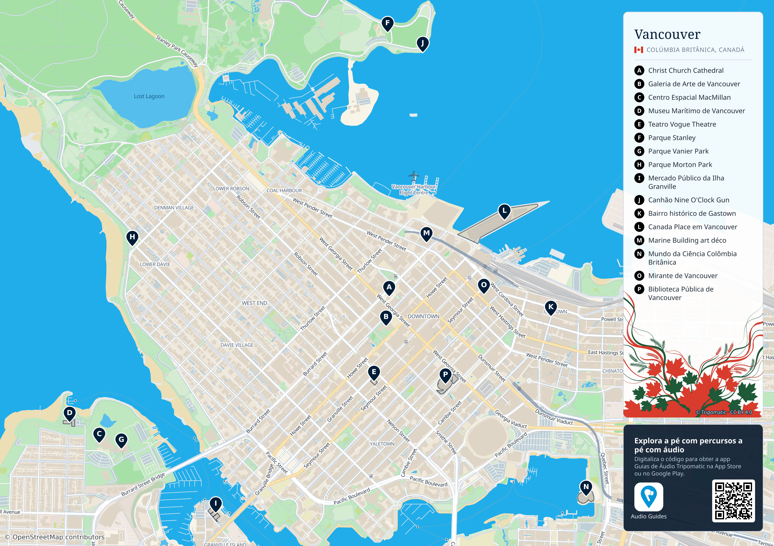 Vancouver – mapa turístico para imprimir com as principais atrações numeradas