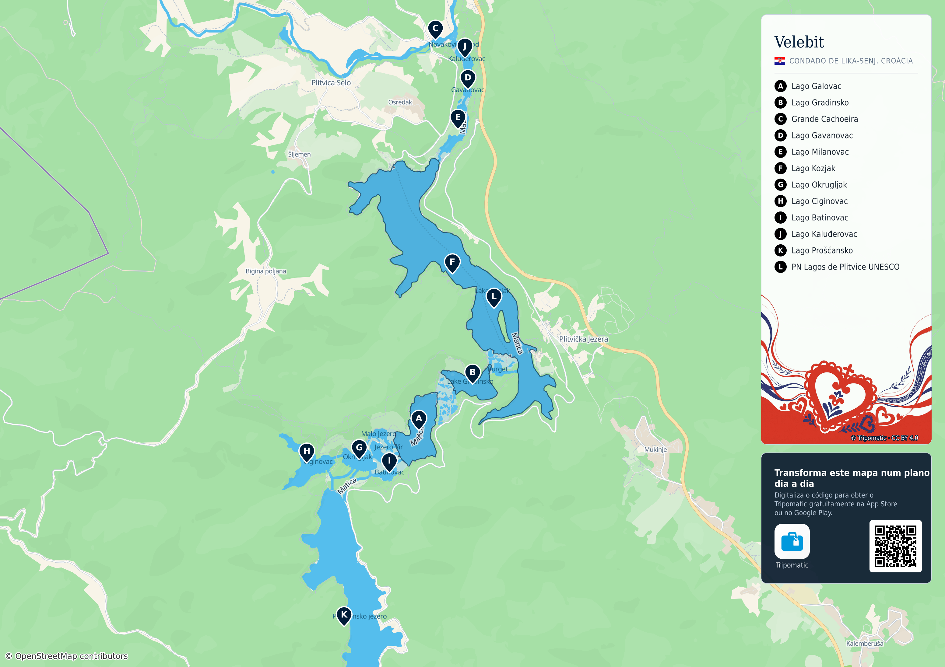 Velebit – mapa turístico para imprimir com as principais atrações numeradas