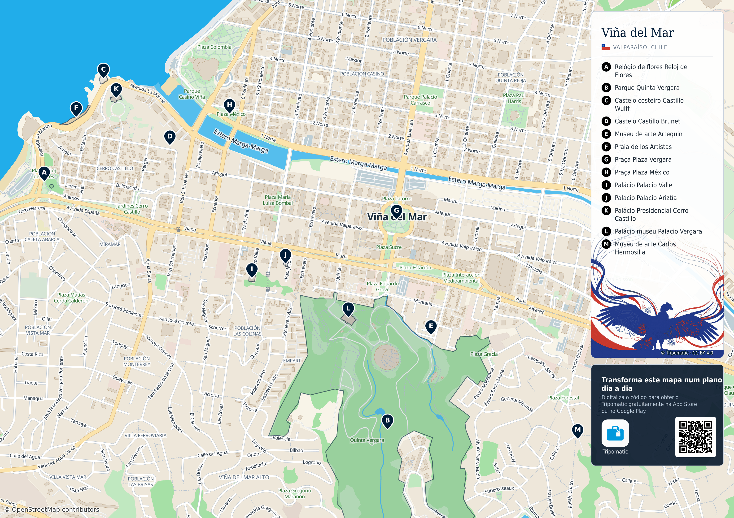 Viña del Mar – mapa turístico para imprimir com as principais atrações numeradas