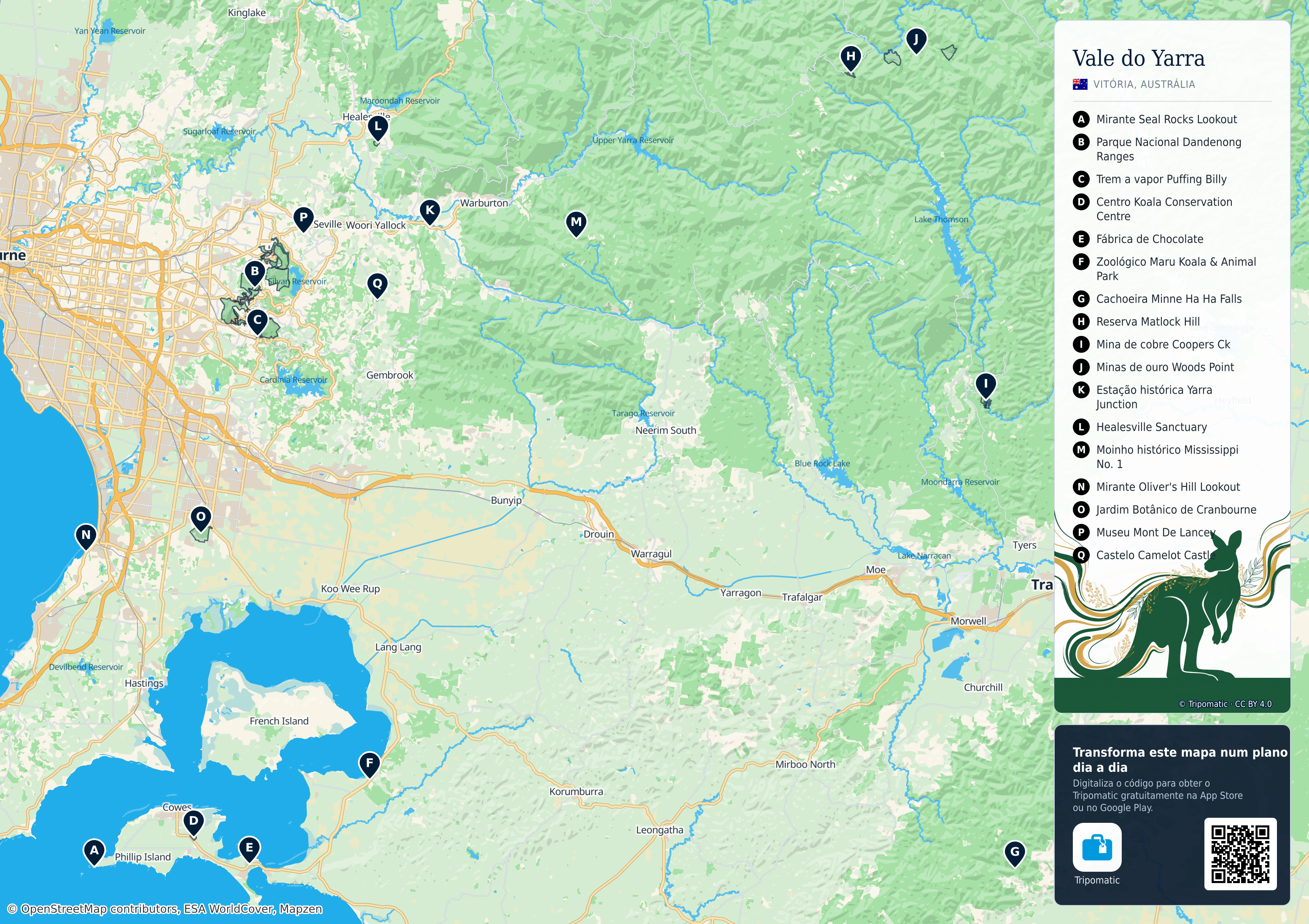 Vale do Yarra – mapa turístico para imprimir com as principais atrações numeradas