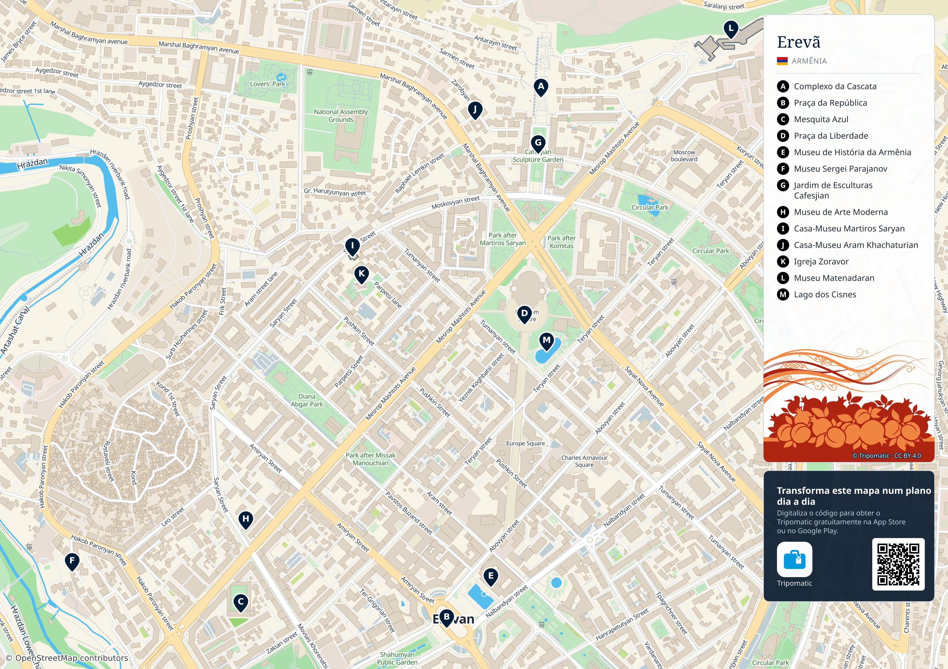 Erevã – mapa turístico para imprimir com as principais atrações numeradas