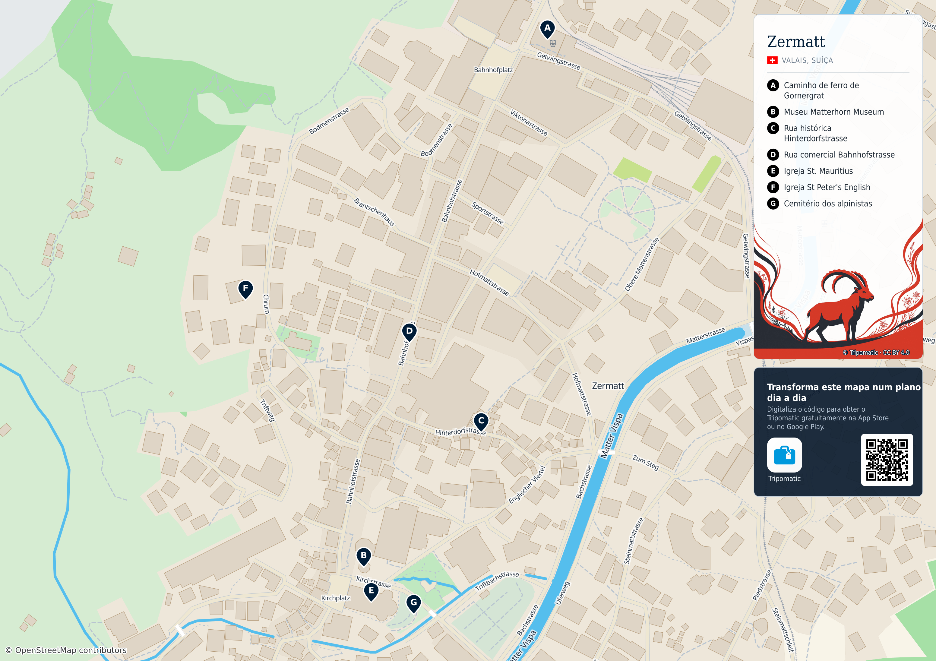 Zermatt – mapa turístico para imprimir com as principais atrações numeradas