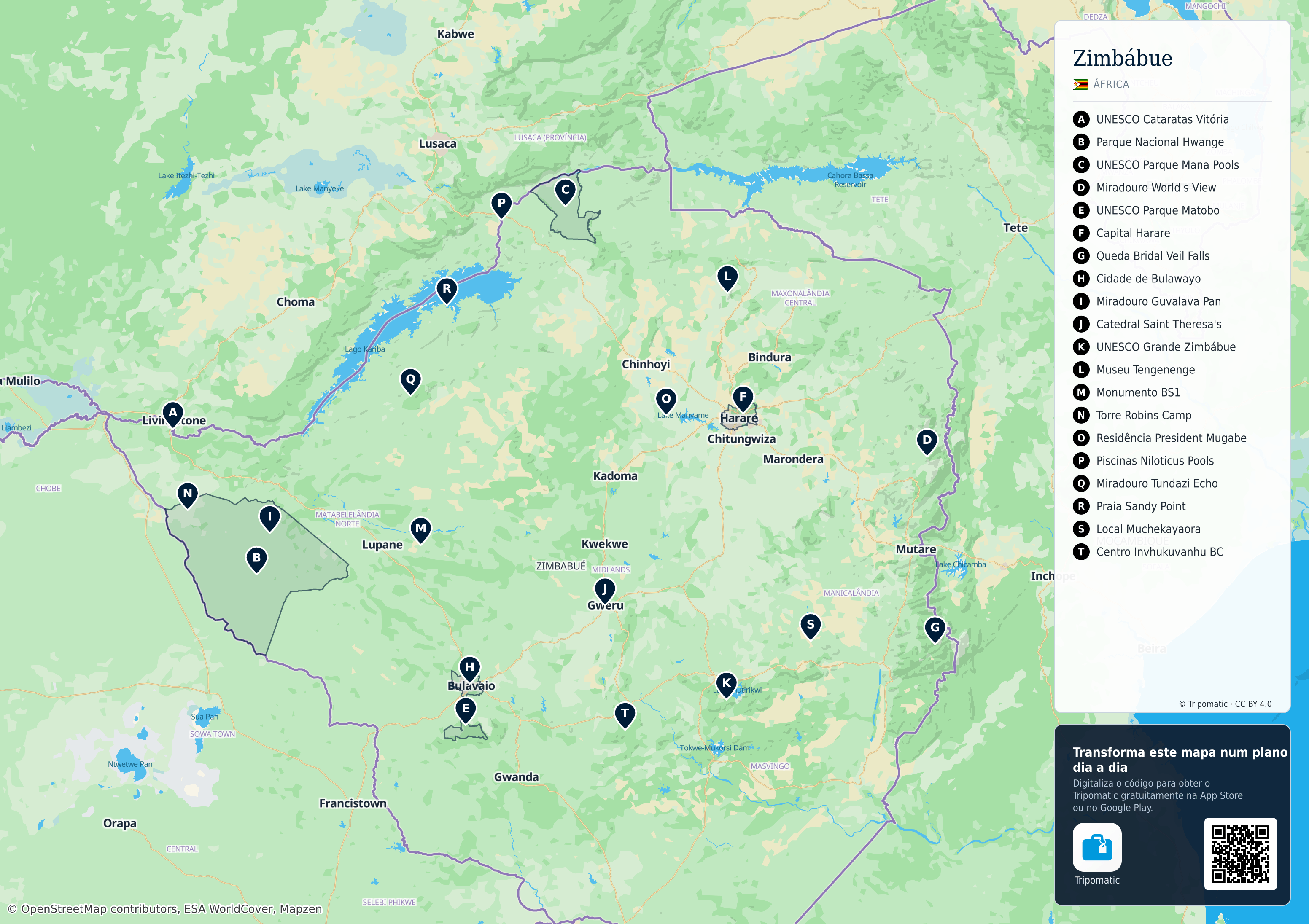 Zimbábue – mapa turístico para imprimir com as principais atrações numeradas