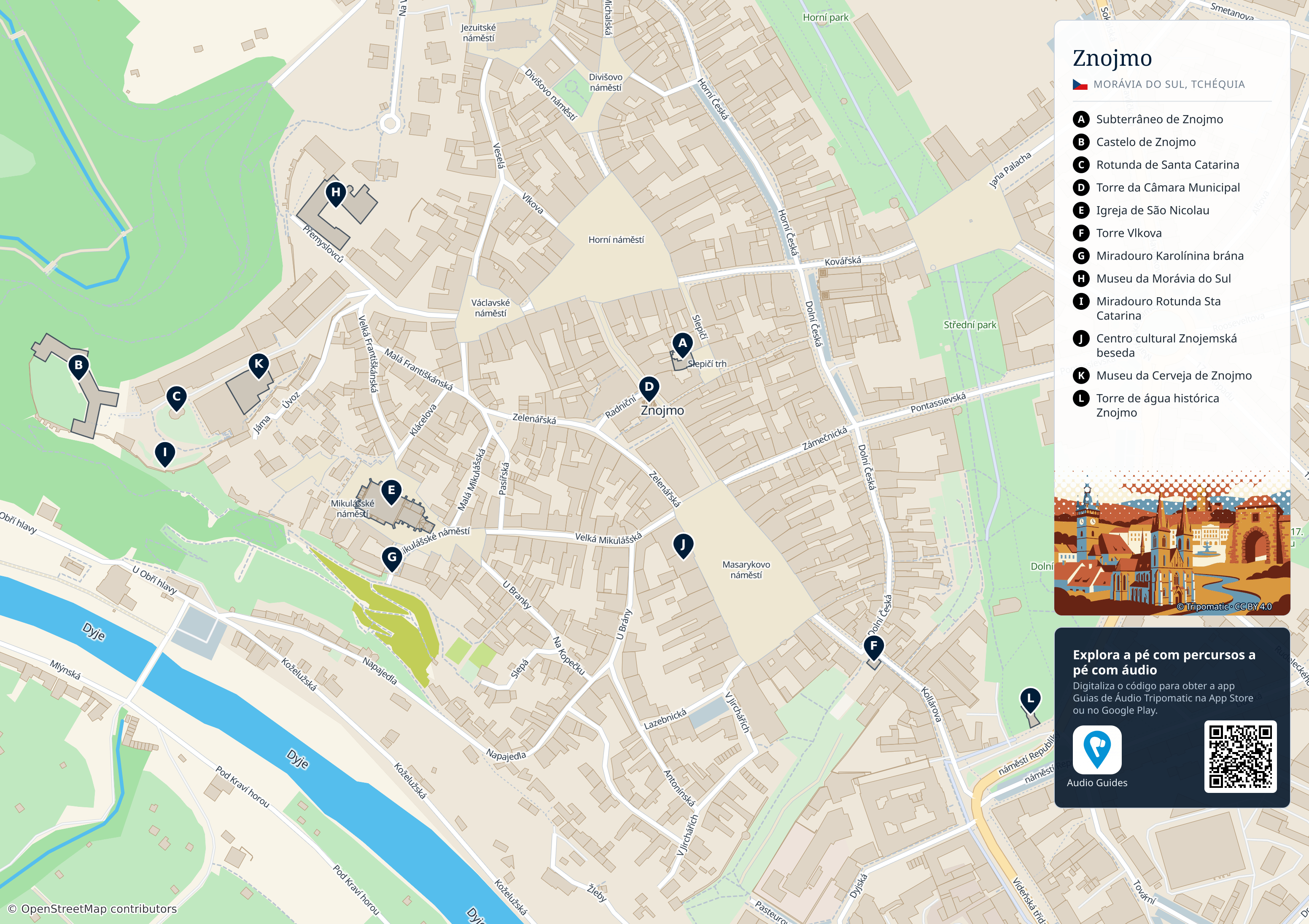 Znojmo – mapa turístico para imprimir com as principais atrações numeradas
