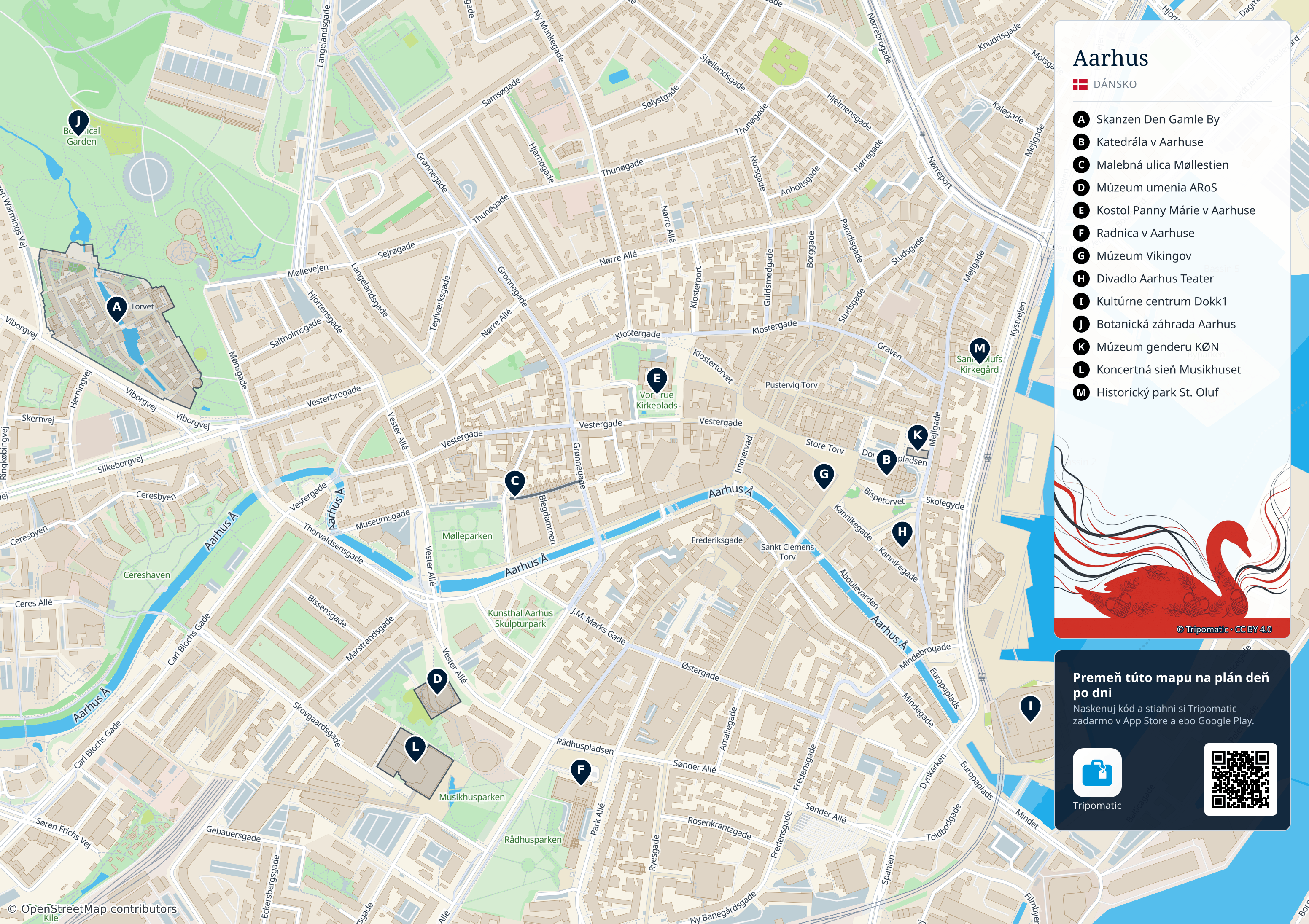 Aarhus – turistická mapa na vytlačenie s očíslovanými najlepšími atrakciami
