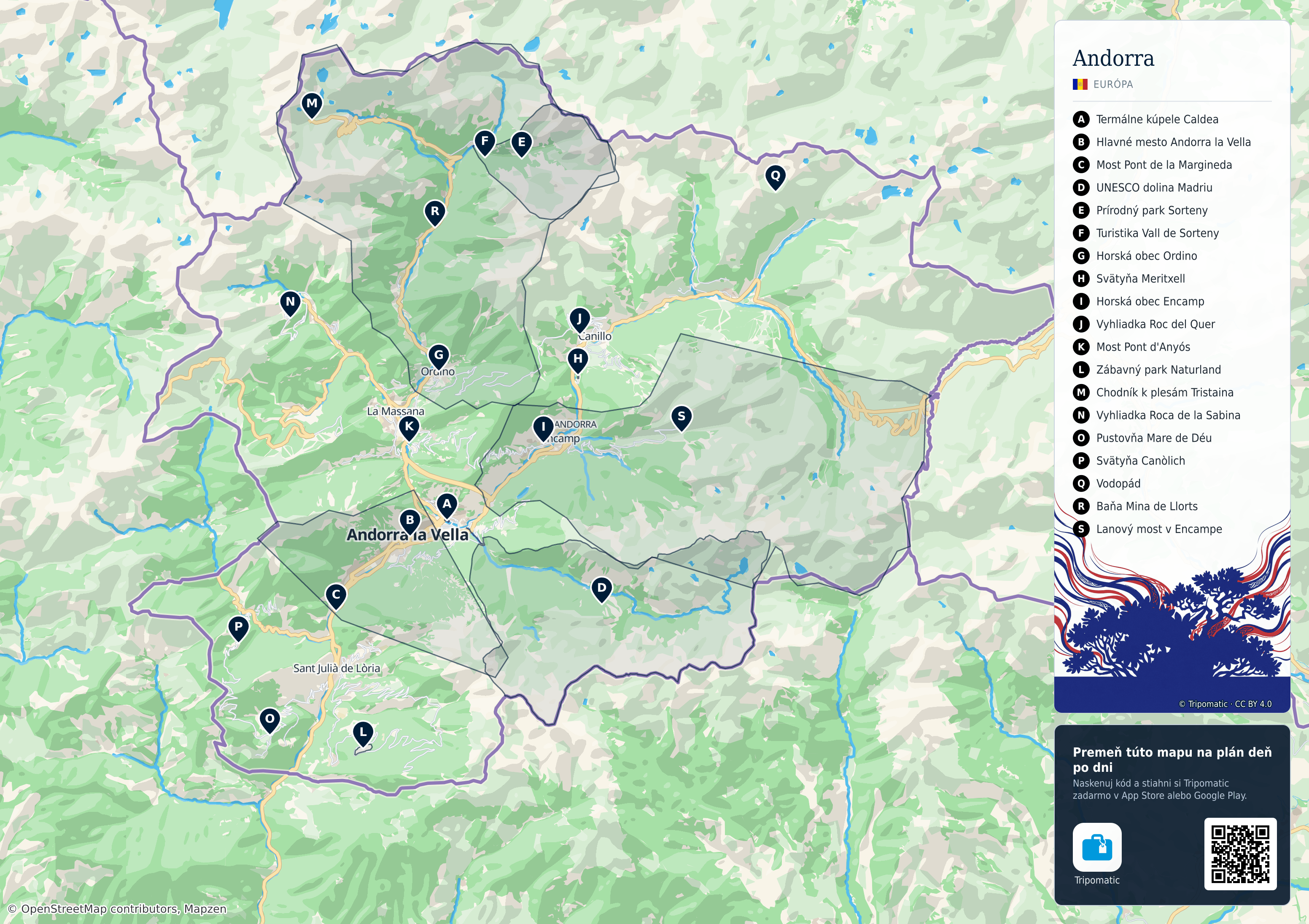 Andorra – turistická mapa na vytlačenie s očíslovanými najlepšími atrakciami