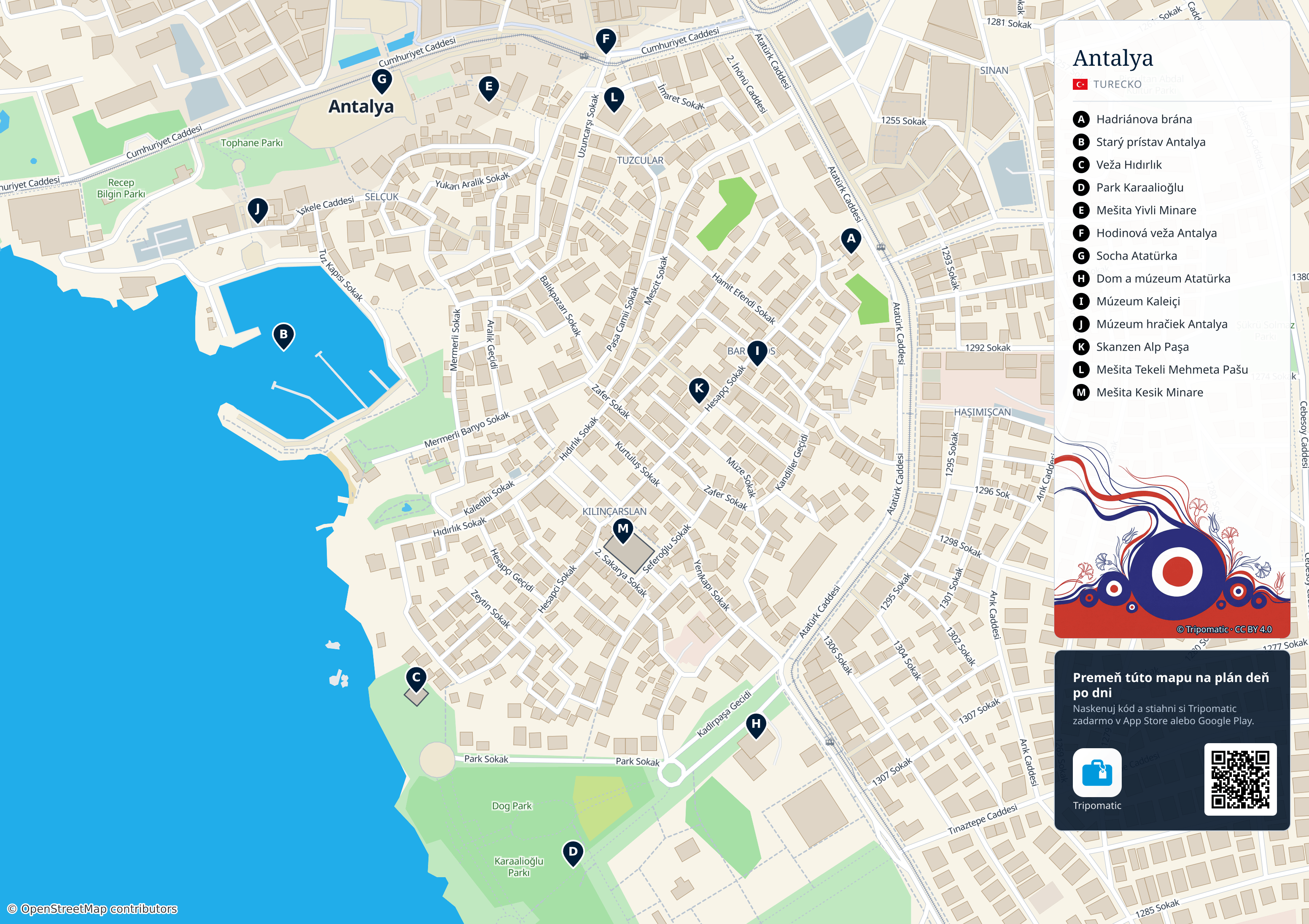 Antalya – turistická mapa na vytlačenie s očíslovanými najlepšími atrakciami