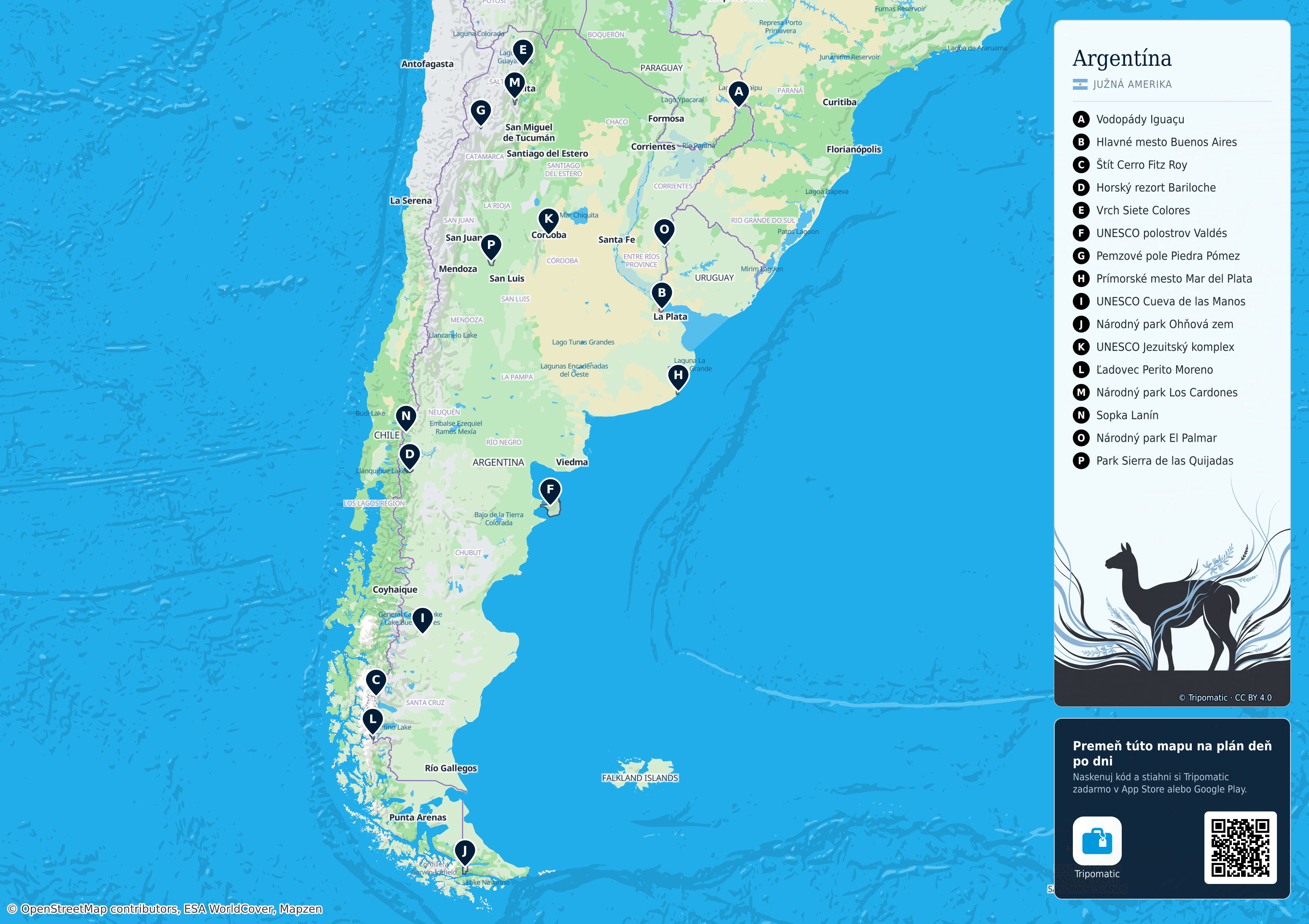 Argentína – turistická mapa na vytlačenie s očíslovanými najlepšími atrakciami