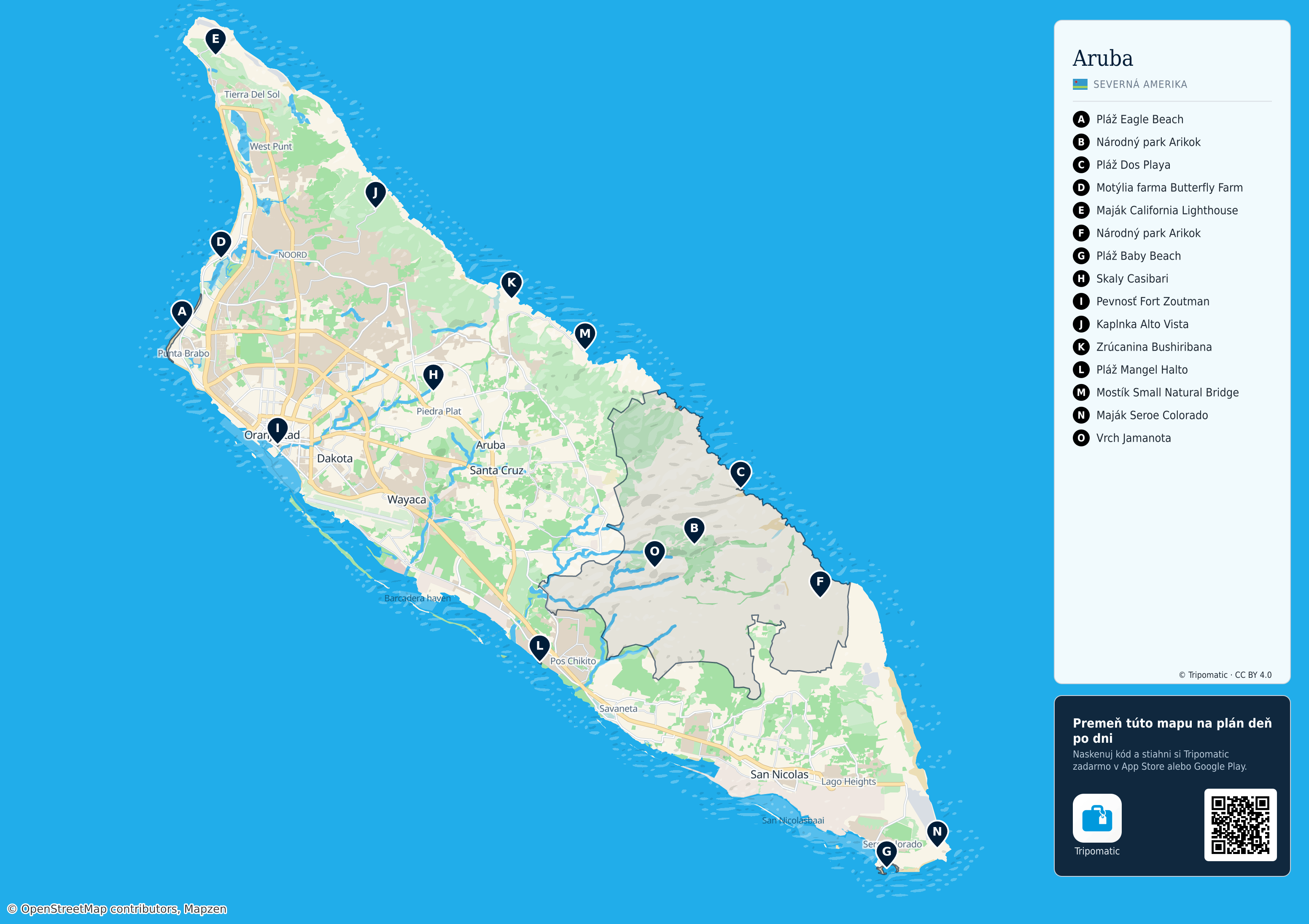 Aruba – turistická mapa na vytlačenie s očíslovanými najlepšími atrakciami