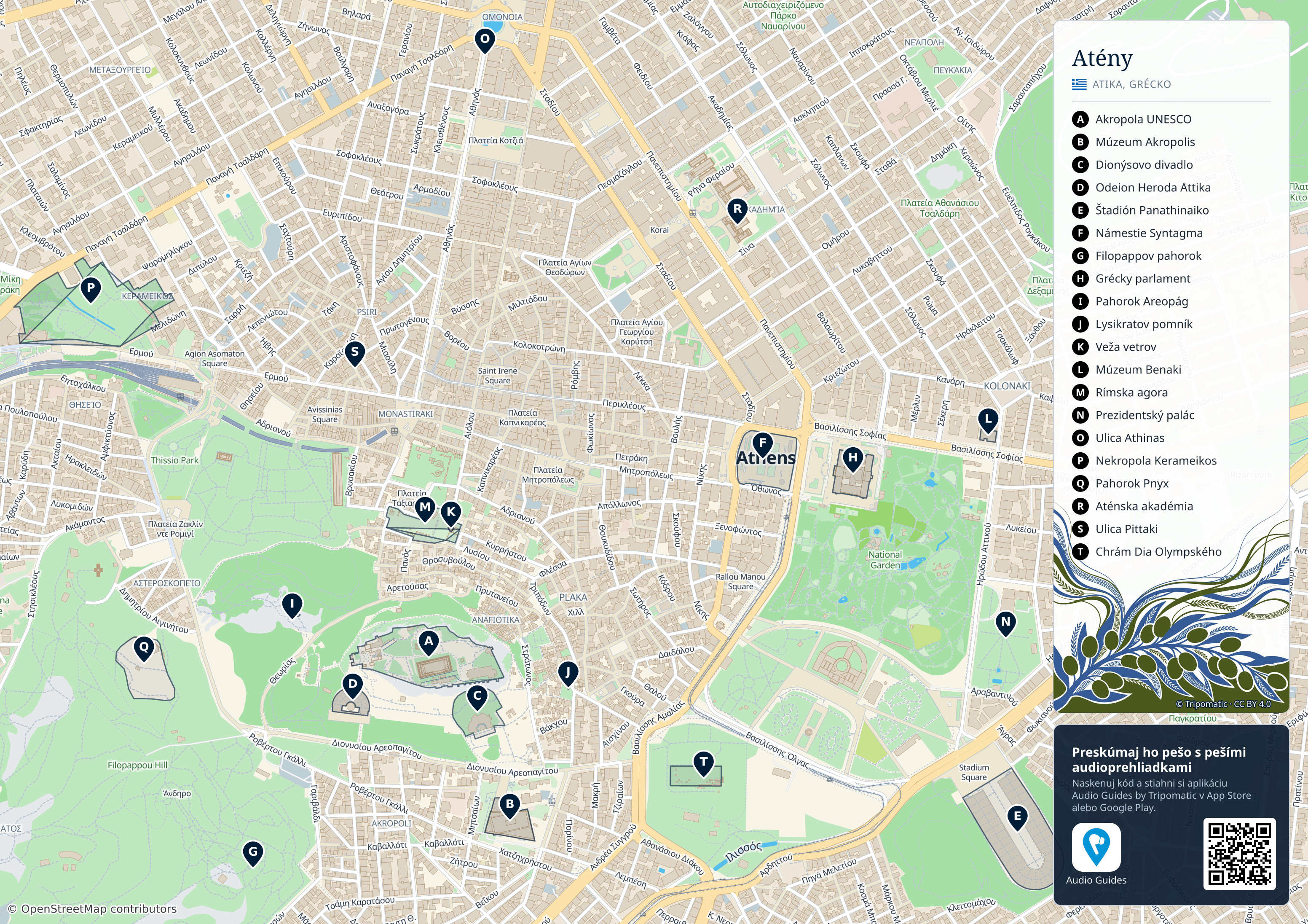Atény – turistická mapa na vytlačenie s očíslovanými najlepšími atrakciami