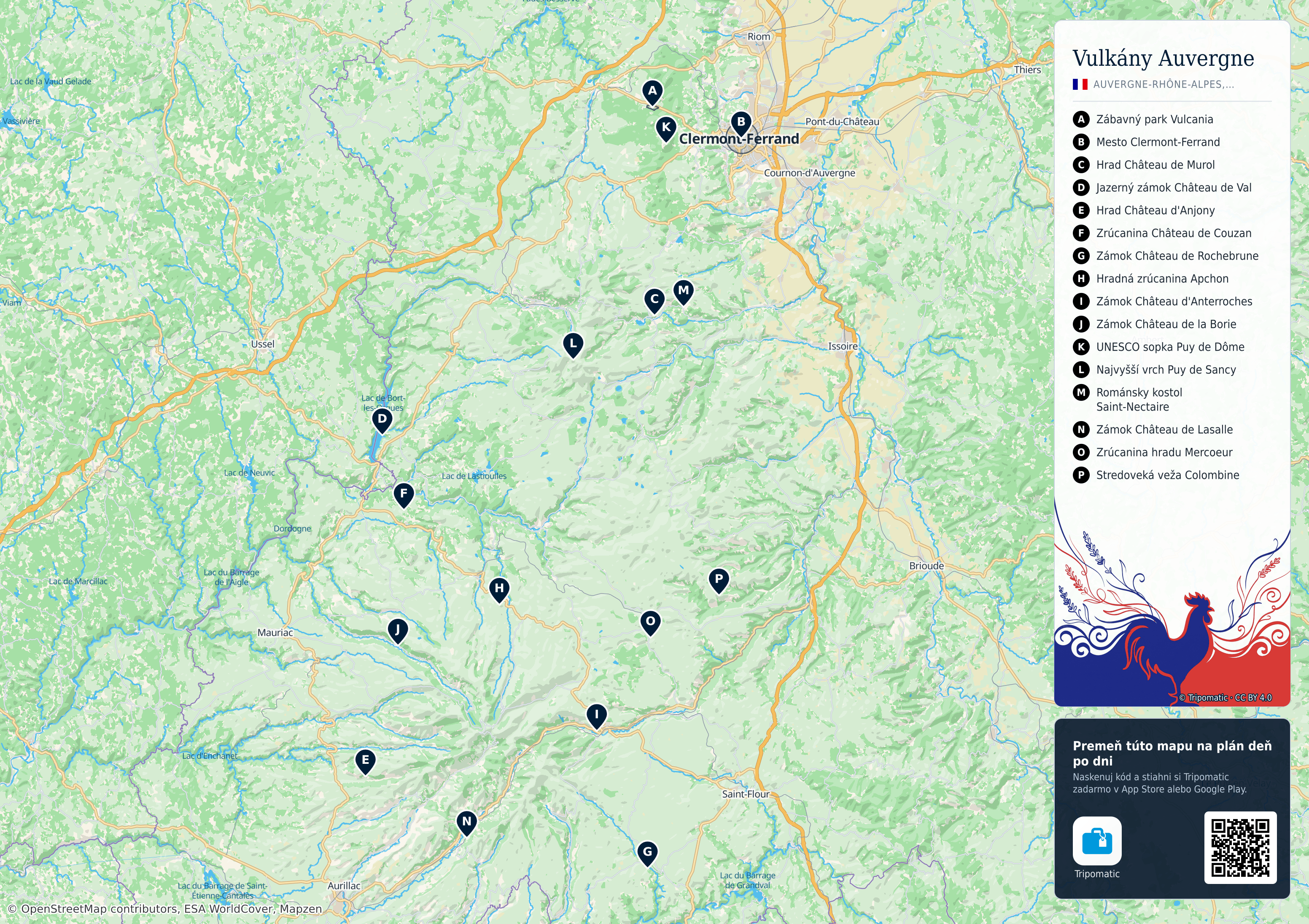 Regionálny park Vulkány Auvergne – turistická mapa na vytlačenie s očíslovanými najlepšími atrakciami