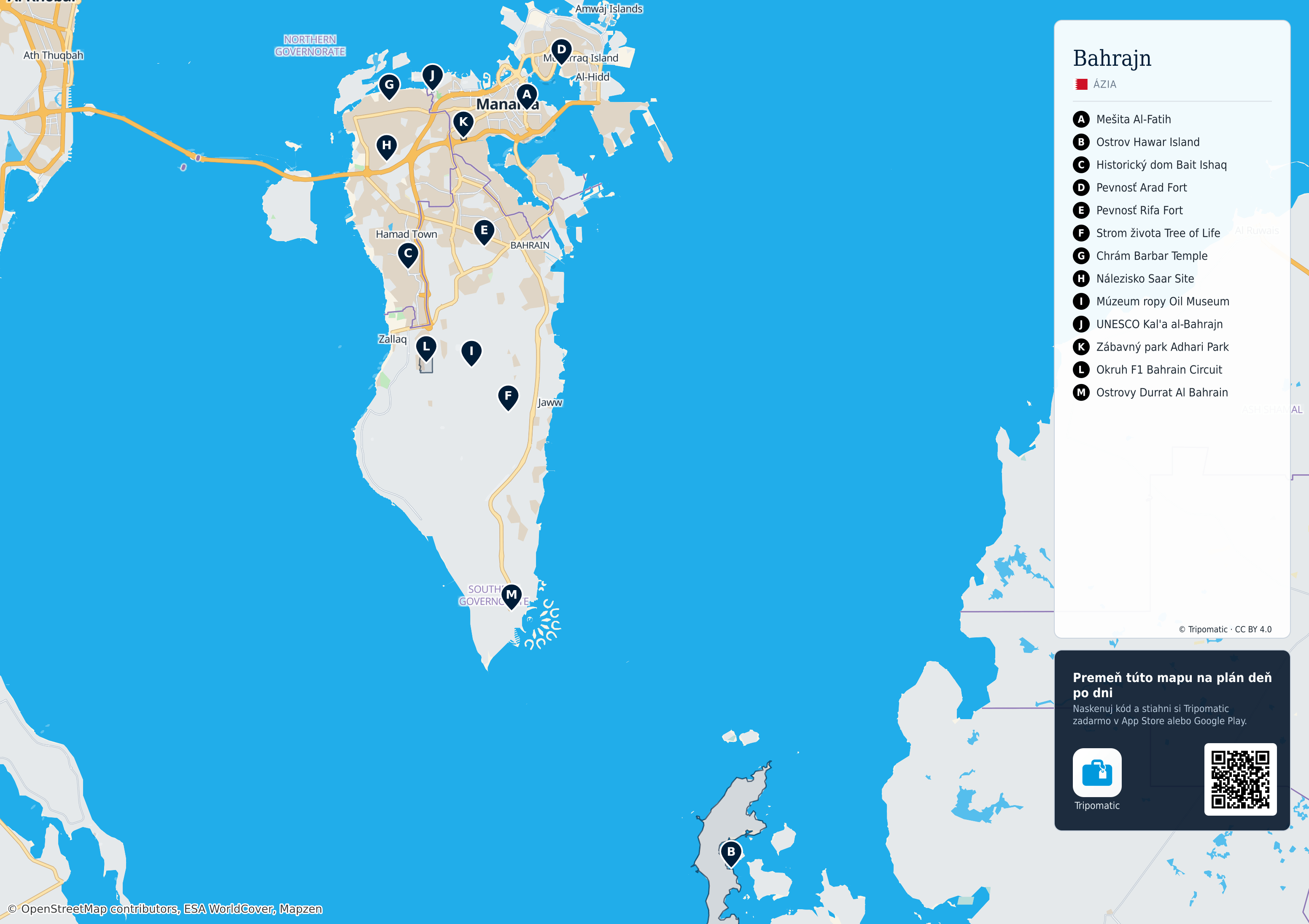 Bahrajn – turistická mapa na vytlačenie s očíslovanými najlepšími atrakciami