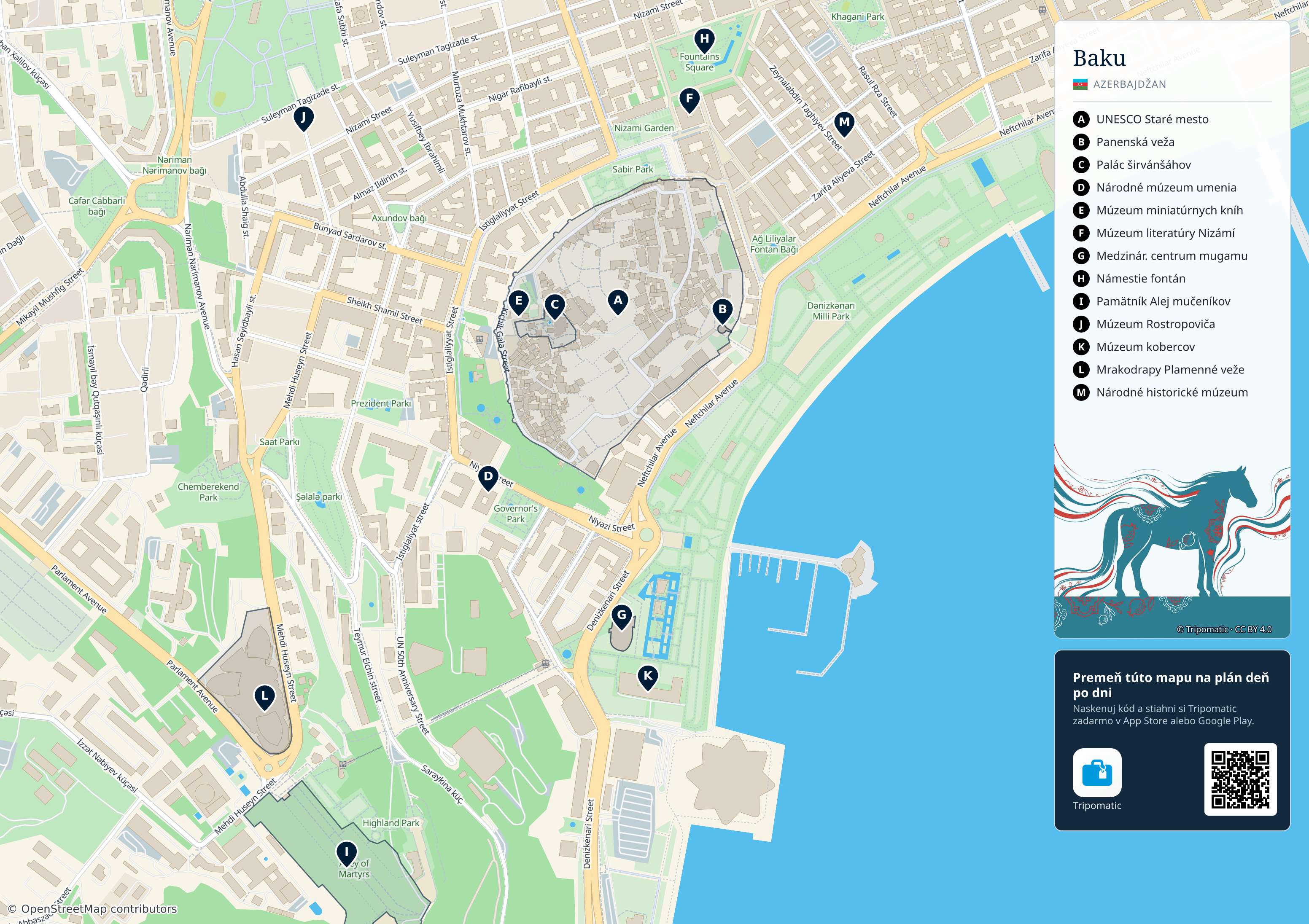 Baku – turistická mapa na vytlačenie s očíslovanými najlepšími atrakciami