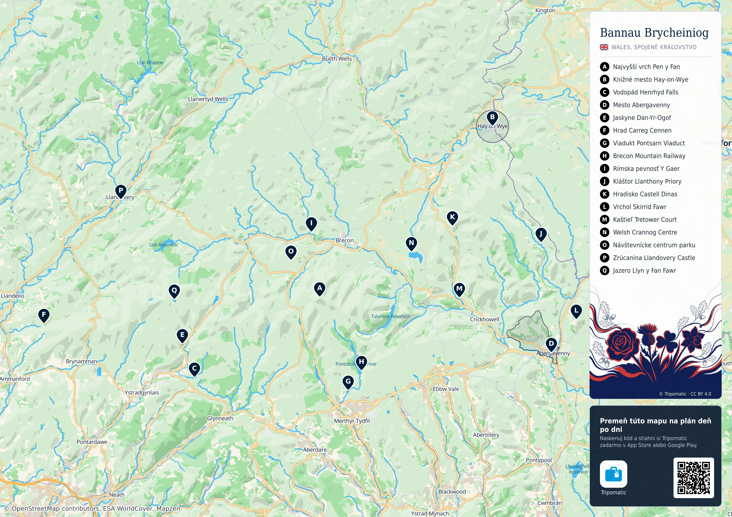 Národný park Bannau Brycheiniog – turistická mapa na vytlačenie s očíslovanými najlepšími atrakciami