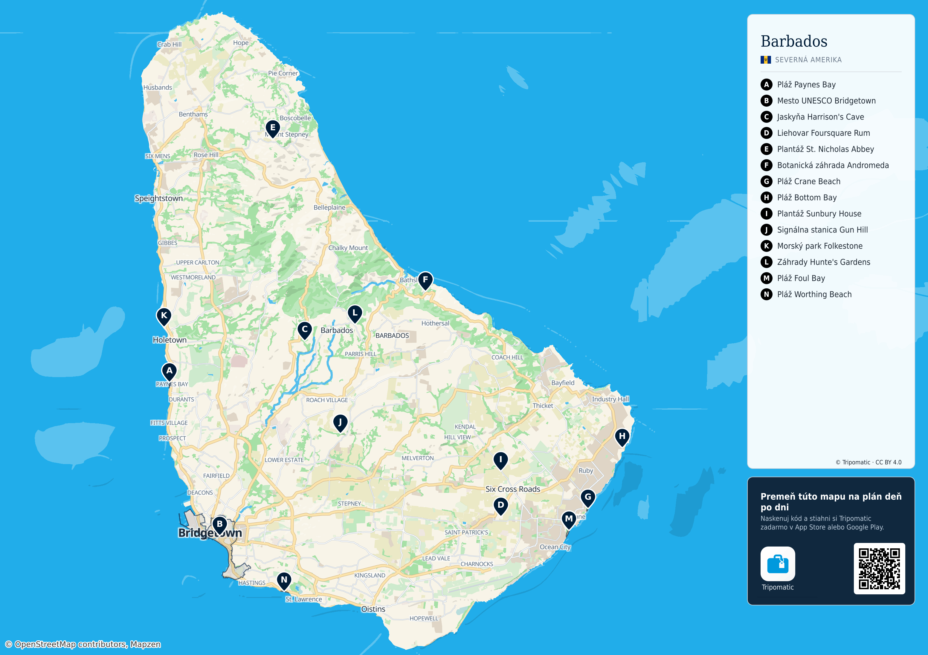 Barbados – turistická mapa na vytlačenie s očíslovanými najlepšími atrakciami