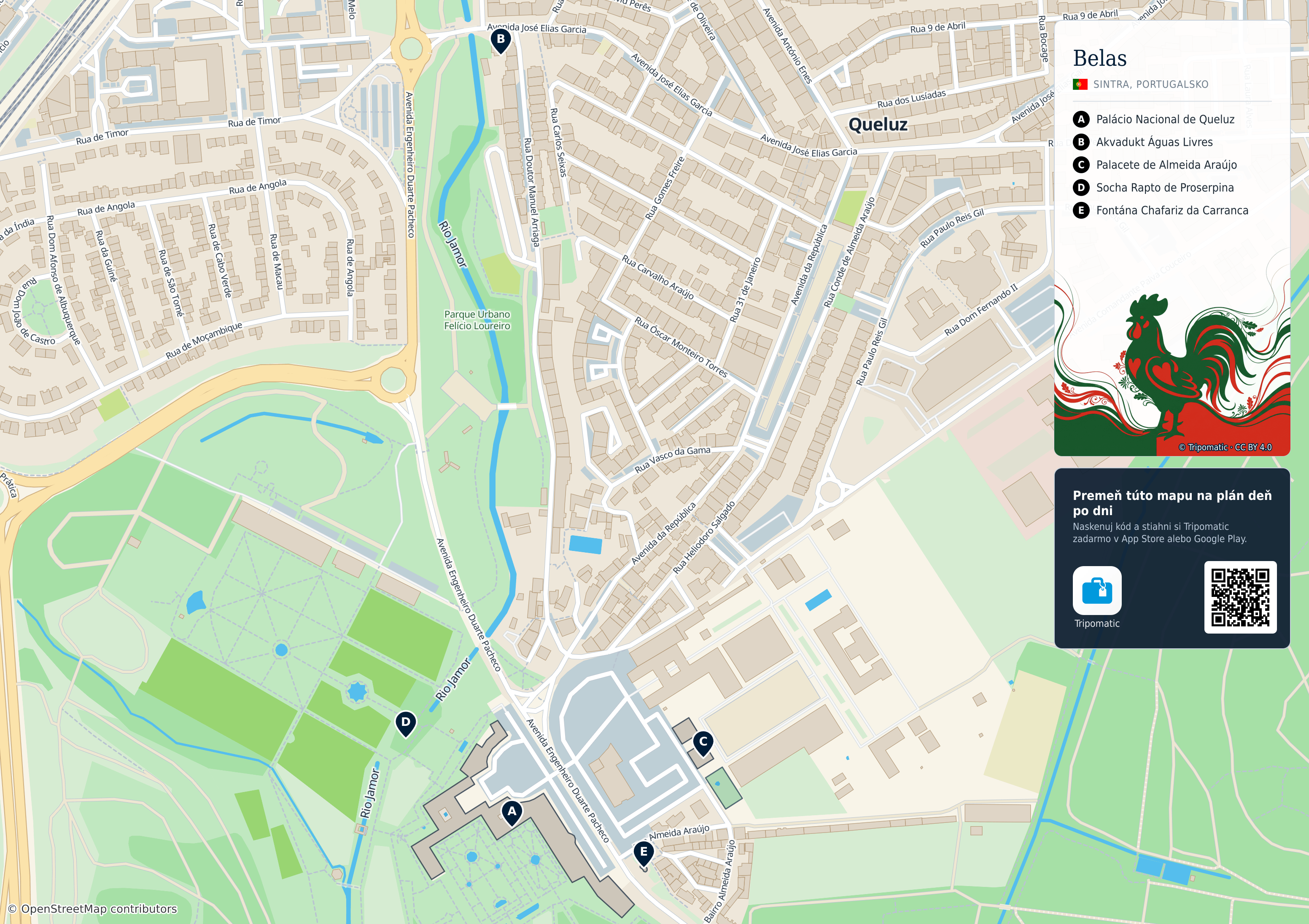 Belas – turistická mapa na vytlačenie s očíslovanými najlepšími atrakciami
