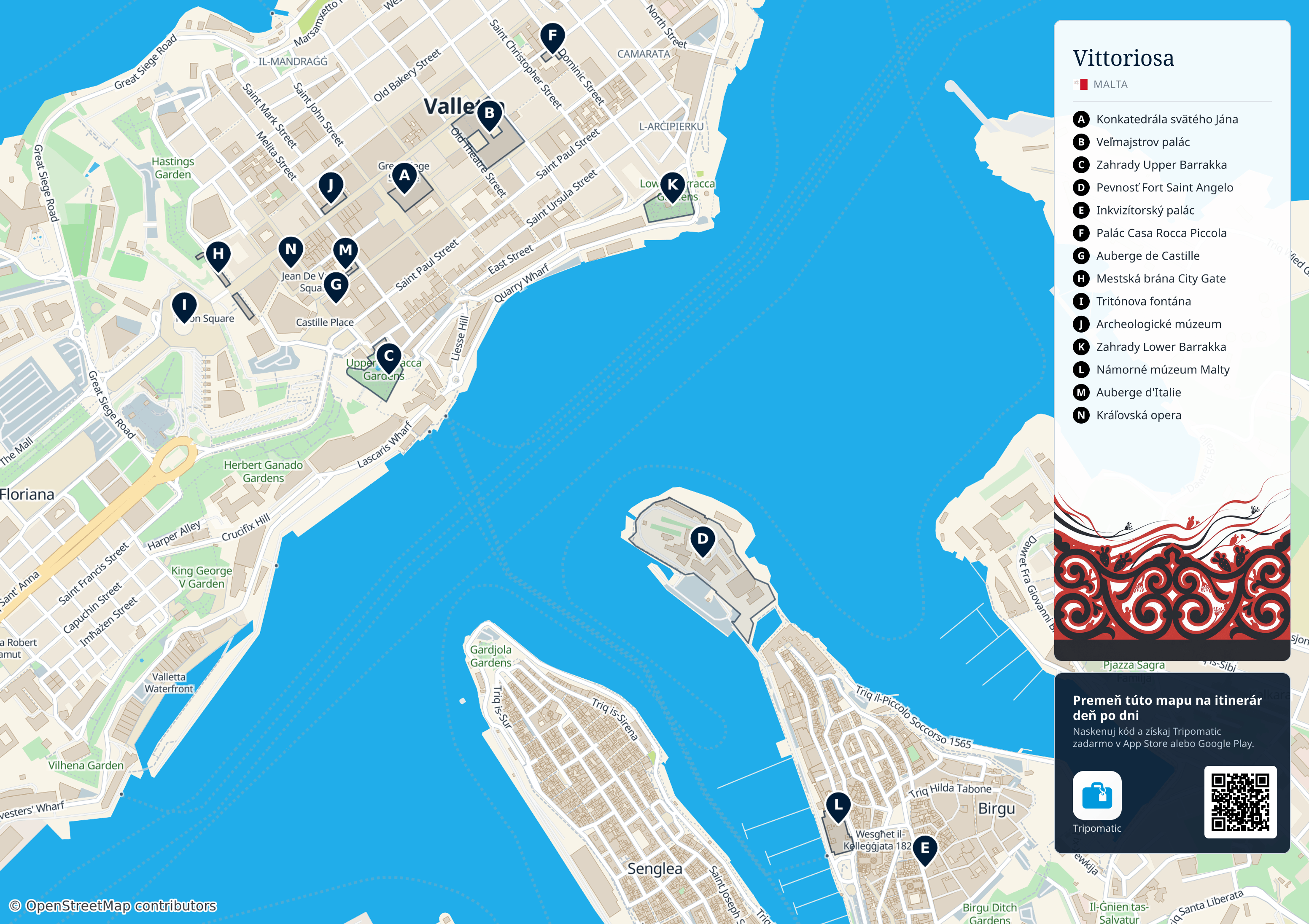 Birgu – tlačiteľná turistická mapa s očíslovanými najlepšími atrakciami