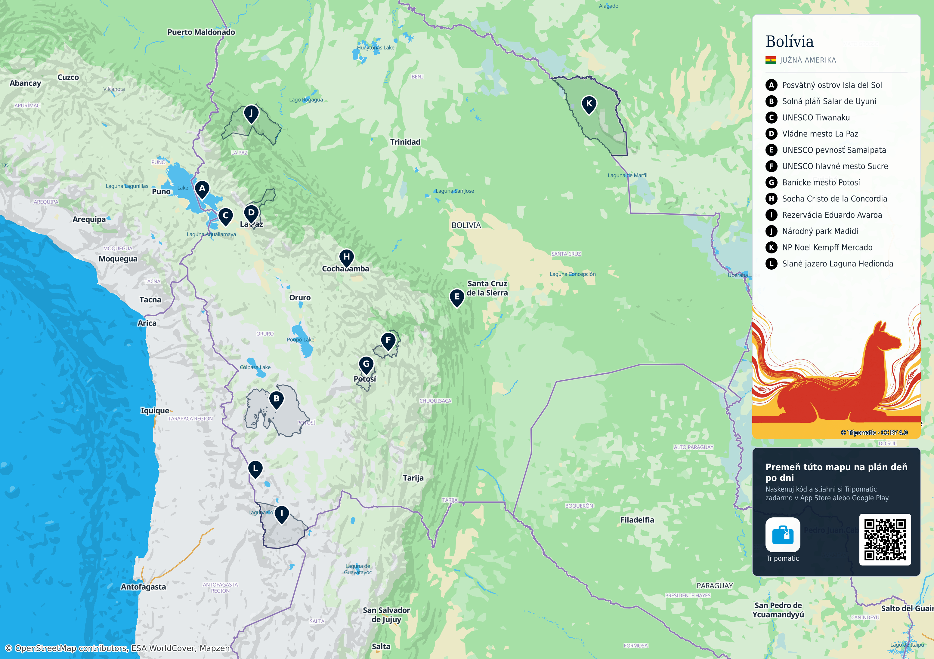 Bolivia – turistická mapa na vytlačenie s očíslovanými najlepšími atrakciami
