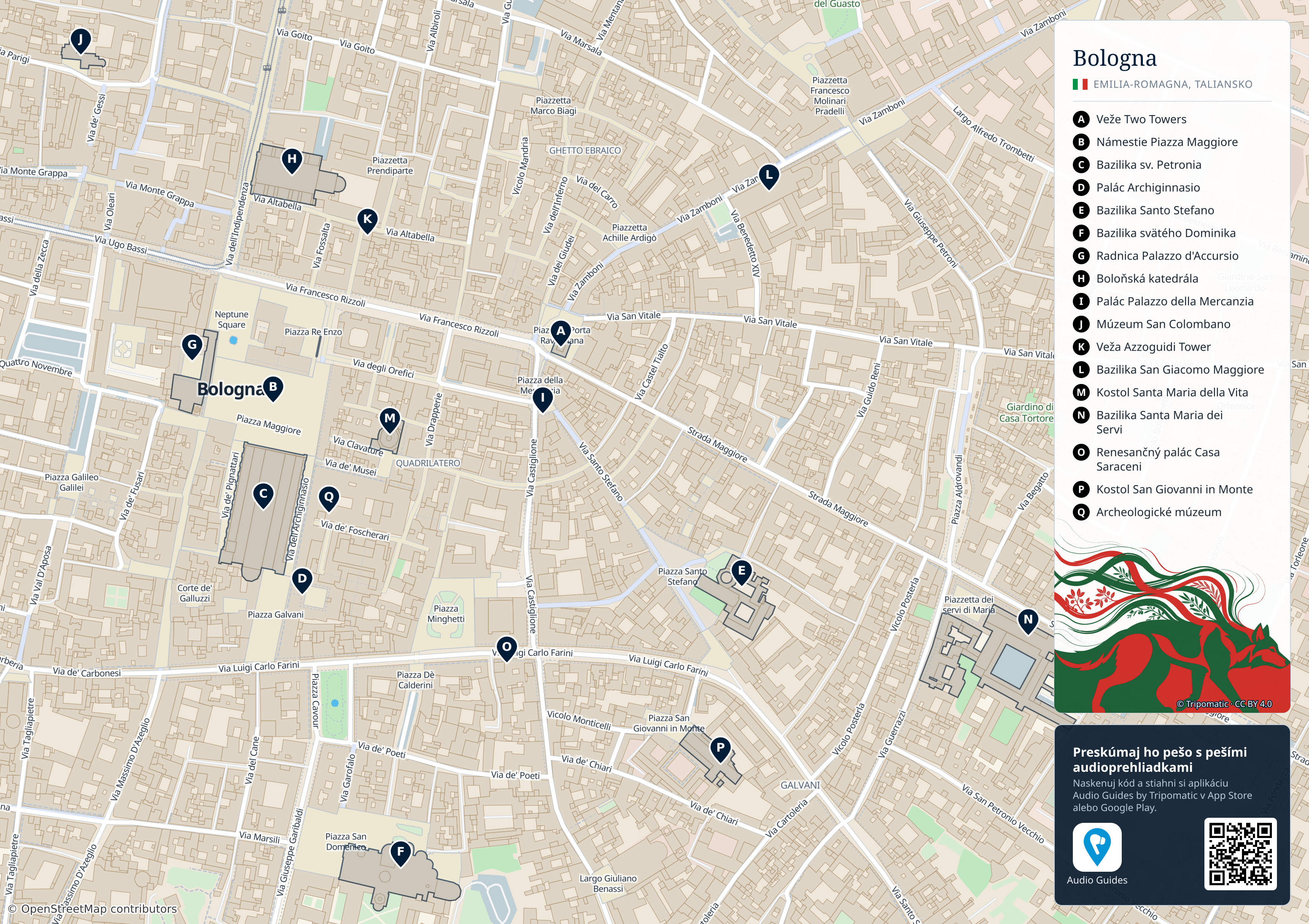 Bologna – turistická mapa na vytlačenie s očíslovanými najlepšími atrakciami
