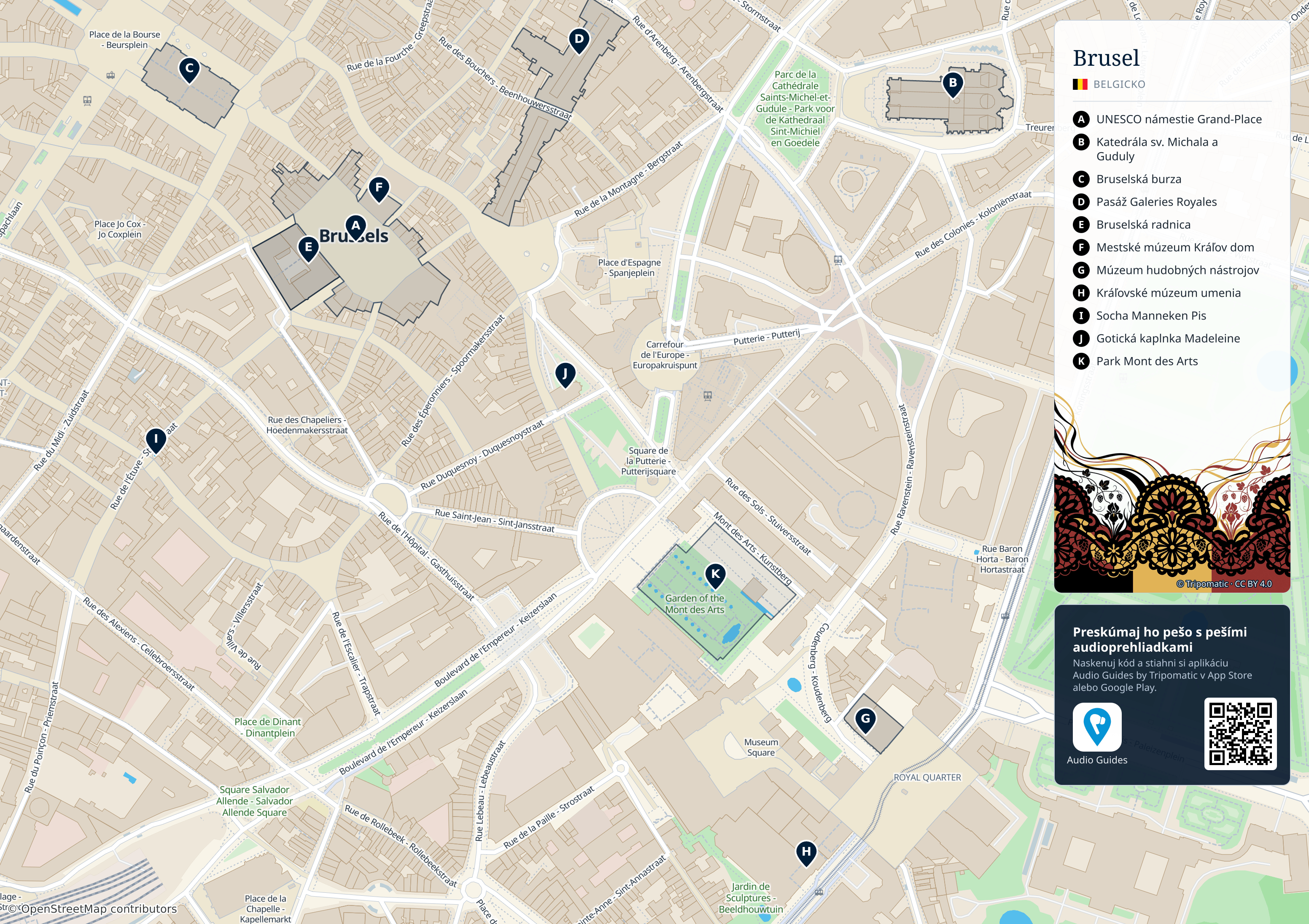 Brusel – turistická mapa na vytlačenie s očíslovanými najlepšími atrakciami