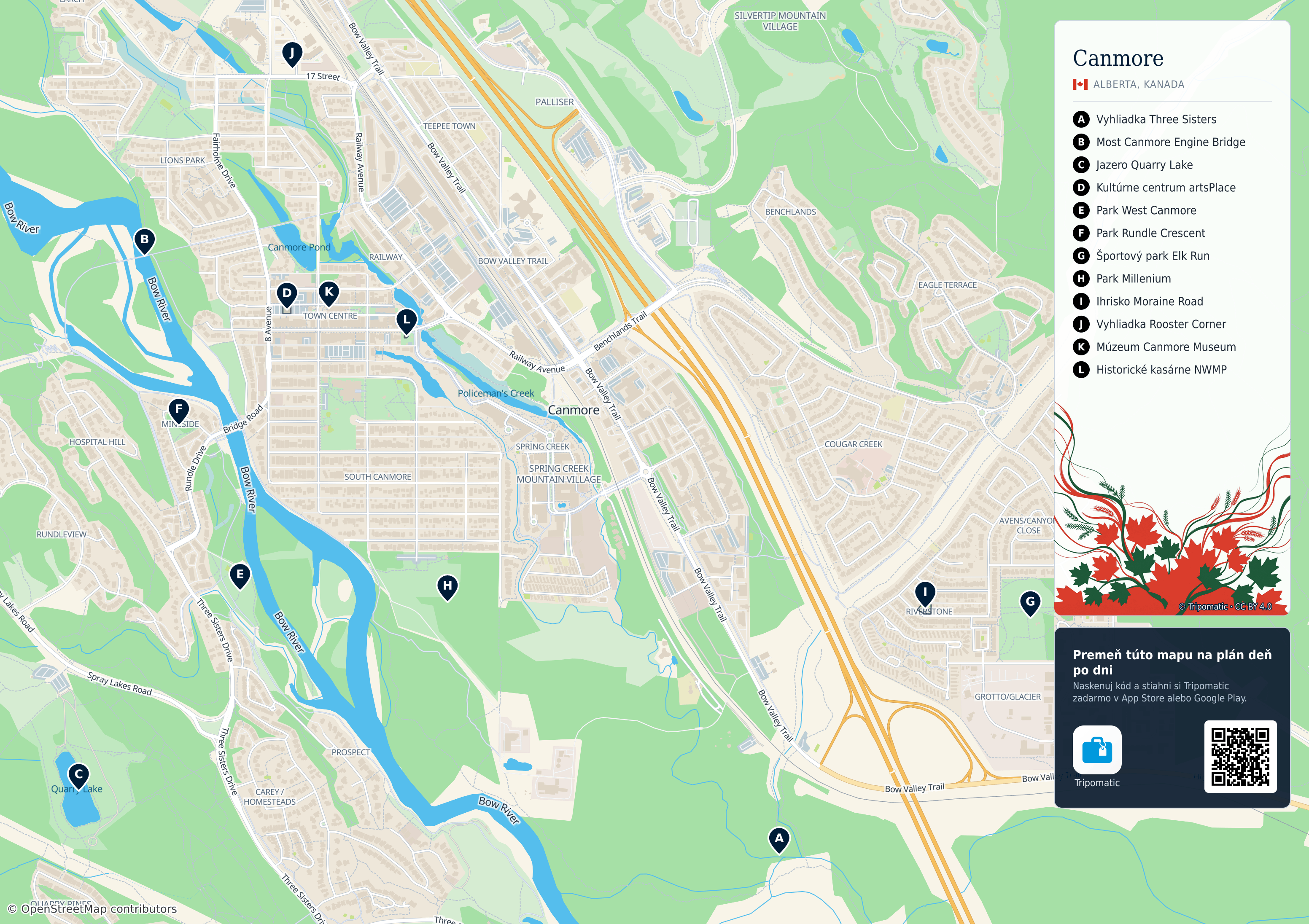 Canmore – turistická mapa na vytlačenie s očíslovanými najlepšími atrakciami