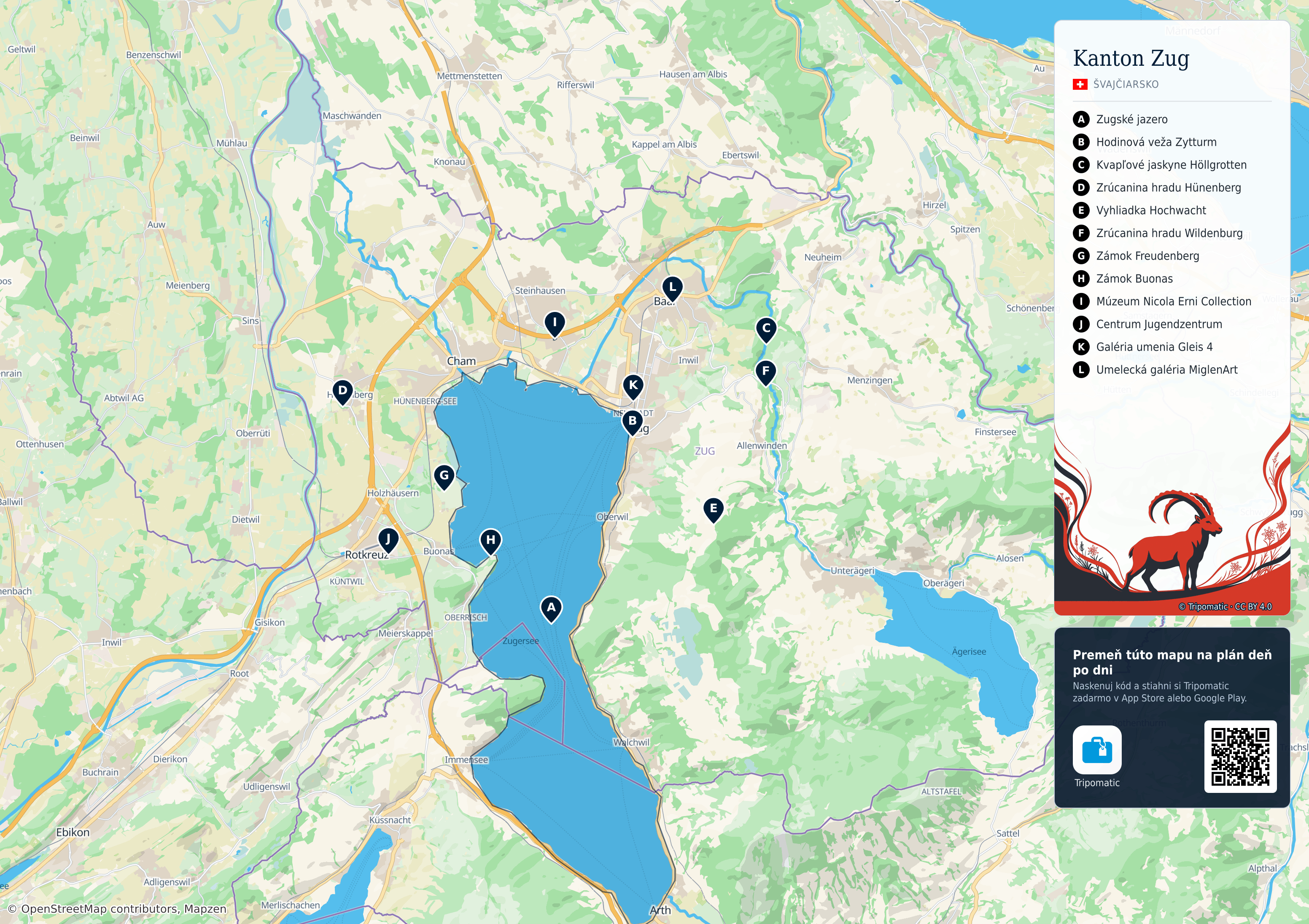 Kanton Zug – turistická mapa na vytlačenie s očíslovanými najlepšími atrakciami